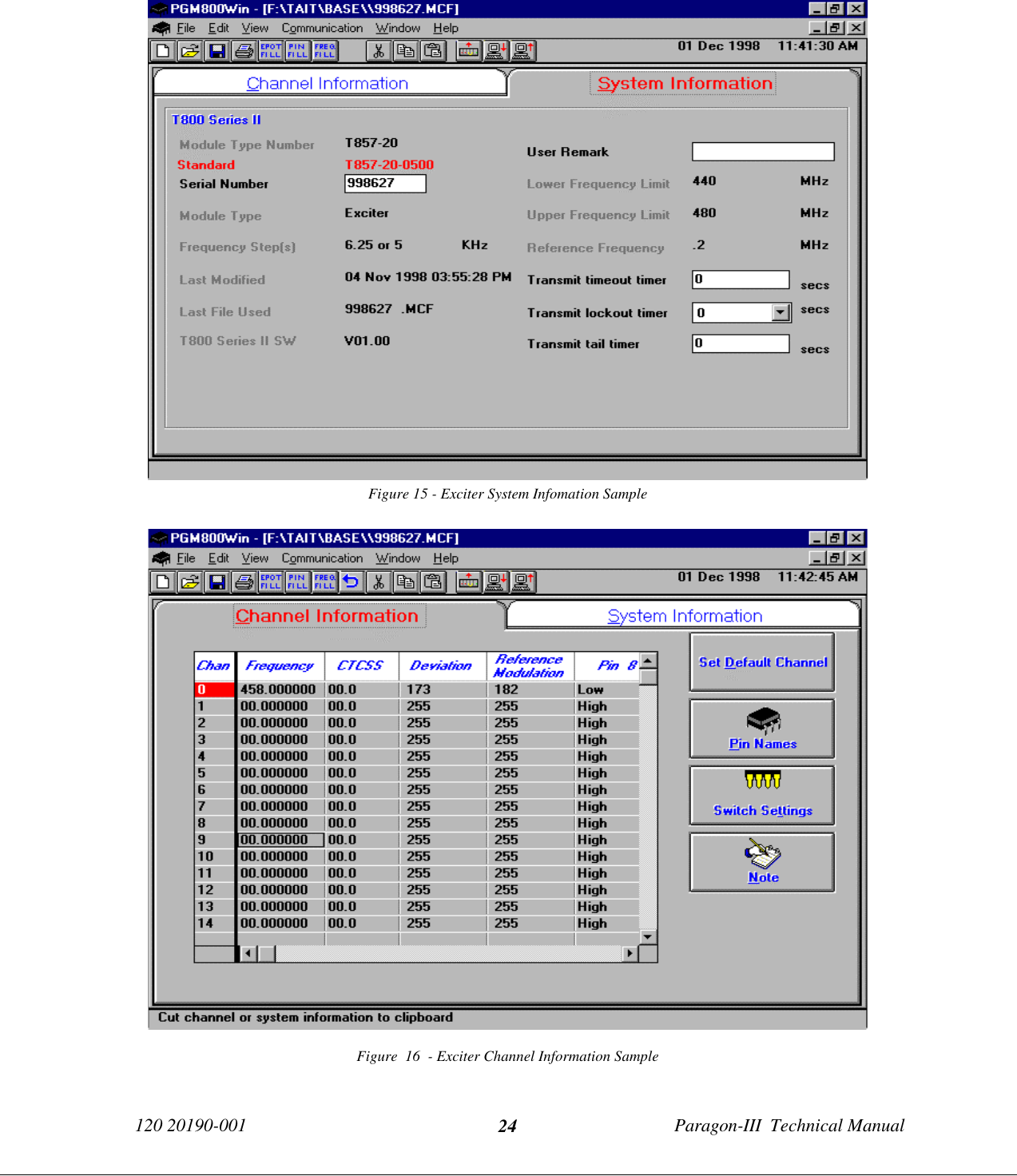 120 20190-001 Paragon-III  Technical Manual24Figure 15 - Exciter System Infomation SampleFigure  16  - Exciter Channel Information Sample