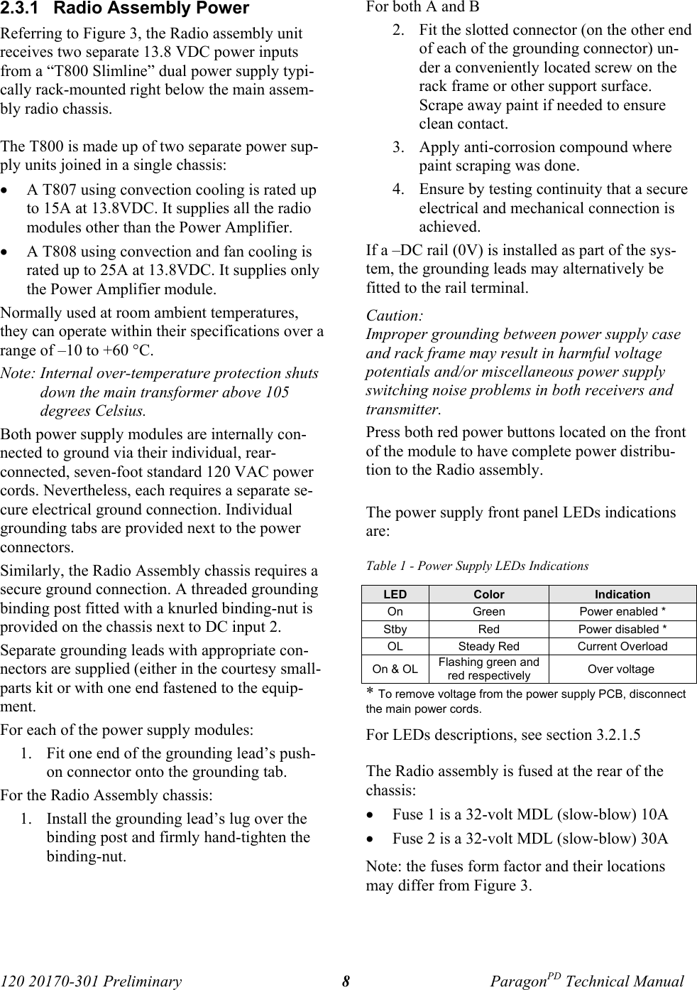 120 20170-301 Preliminary ParagonPD Technical Manual82.3.1  Radio Assembly PowerReferring to Figure 3, the Radio assembly unitreceives two separate 13.8 VDC power inputsfrom a “T800 Slimline” dual power supply typi-cally rack-mounted right below the main assem-bly radio chassis. The T800 is made up of two separate power sup-ply units joined in a single chassis:• A T807 using convection cooling is rated upto 15A at 13.8VDC. It supplies all the radiomodules other than the Power Amplifier. • A T808 using convection and fan cooling israted up to 25A at 13.8VDC. It supplies onlythe Power Amplifier module.Normally used at room ambient temperatures,they can operate within their specifications over arange of –10 to +60 °C.Note: Internal over-temperature protection shutsdown the main transformer above 105degrees Celsius.Both power supply modules are internally con-nected to ground via their individual, rear-connected, seven-foot standard 120 VAC powercords. Nevertheless, each requires a separate se-cure electrical ground connection. Individualgrounding tabs are provided next to the powerconnectors.Similarly, the Radio Assembly chassis requires asecure ground connection. A threaded groundingbinding post fitted with a knurled binding-nut isprovided on the chassis next to DC input 2. Separate grounding leads with appropriate con-nectors are supplied (either in the courtesy small-parts kit or with one end fastened to the equip-ment.For each of the power supply modules:1. Fit one end of the grounding lead’s push-on connector onto the grounding tab.For the Radio Assembly chassis:1. Install the grounding lead’s lug over thebinding post and firmly hand-tighten thebinding-nut.For both A and B2. Fit the slotted connector (on the other endof each of the grounding connector) un-der a conveniently located screw on therack frame or other support surface.Scrape away paint if needed to ensureclean contact. 3. Apply anti-corrosion compound wherepaint scraping was done.4. Ensure by testing continuity that a secureelectrical and mechanical connection isachieved. If a –DC rail (0V) is installed as part of the sys-tem, the grounding leads may alternatively befitted to the rail terminal.Caution:Improper grounding between power supply caseand rack frame may result in harmful voltagepotentials and/or miscellaneous power supplyswitching noise problems in both receivers andtransmitter.Press both red power buttons located on the frontof the module to have complete power distribu-tion to the Radio assembly.The power supply front panel LEDs indicationsare:Table 1 - Power Supply LEDs IndicationsLED Color IndicationOn Green Power enabled *Stby Red Power disabled *OL Steady Red Current OverloadOn &amp; OL Flashing green andred respectively Over voltage * To remove voltage from the power supply PCB, disconnectthe main power cords.For LEDs descriptions, see section 3.2.1.5The Radio assembly is fused at the rear of thechassis:• Fuse 1 is a 32-volt MDL (slow-blow) 10A• Fuse 2 is a 32-volt MDL (slow-blow) 30A Note: the fuses form factor and their locationsmay differ from Figure 3.