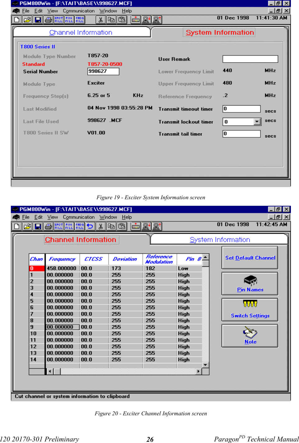 120 20170-301 Preliminary ParagonPD Technical Manual26Figure 19 - Exciter System Information screenFigure 20 - Exciter Channel Information screen