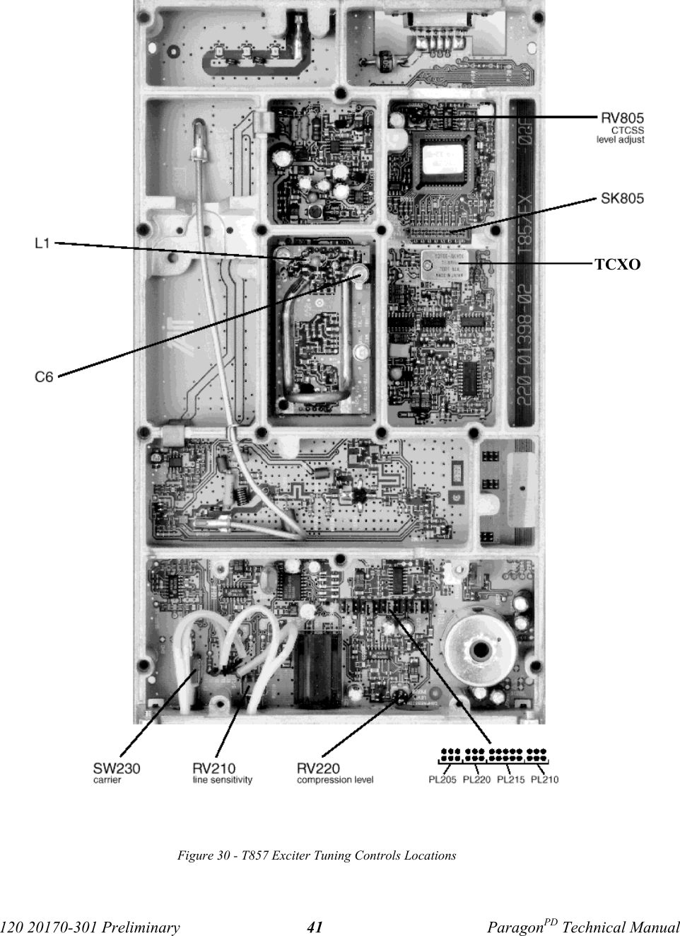 120 20170-301 Preliminary ParagonPD Technical Manual41Figure 30 - T857 Exciter Tuning Controls LocationsTCXO