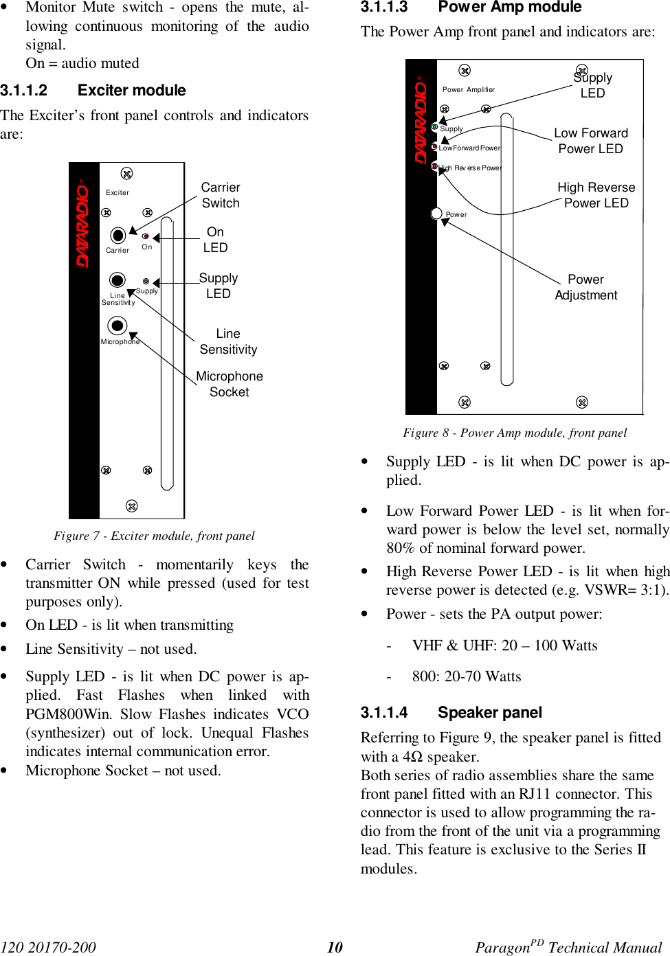 120 20170-200 ParagonPD Technical Manual10• Monitor Mute switch - opens the mute, al-lowing continuous monitoring of the audiosignal.On = audio muted3.1.1.2 Exciter moduleThe Exciter’s front panel controls and indicatorsare:Figure 7 - Exciter module, front panel• Carrier Switch - momentarily keys thetransmitter ON while pressed (used for testpurposes only).• On LED - is lit when transmitting• Line Sensitivity – not used.• Supply LED - is lit when DC power is ap-plied. Fast Flashes when linked withPGM800Win. Slow Flashes indicates VCO(synthesizer) out of lock. Unequal Flashesindicates internal communication error.• Microphone Socket – not used.3.1.1.3 Power Amp moduleThe Power Amp front panel and indicators are:Figure 8 - Power Amp module, front panel• Supply LED - is lit when DC power is ap-plied.• Low Forward Power LED - is lit when for-ward power is below the level set, normally80% of nominal forward power.• High Reverse Power LED - is lit when highreverse power is detected (e.g. VSWR= 3:1).• Power - sets the PA output power:- VHF & UHF: 20 – 100 Watts- 800: 20-70 Watts3.1.1.4 Speaker panelReferring to Figure 9, the speaker panel is fittedwith a 4Ω speaker.Both series of radio assemblies share the samefront panel fitted with an RJ11 connector. Thisconnector is used to allow programming the ra-dio from the front of the unit via a programminglead. This feature is exclusive to the Series IImodules.CarrierSwitchOnLEDSupplyLEDLineSensitivityMicrophoneSocket®ExciterCarrier OnLineSensitivitySupplyMicrophone®Power AmplifierLow Forward PowerSupplyHigh Rev erse PowerPow erSupplyLEDLow ForwardPower LEDHigh ReversePower LEDPowerAdjustment