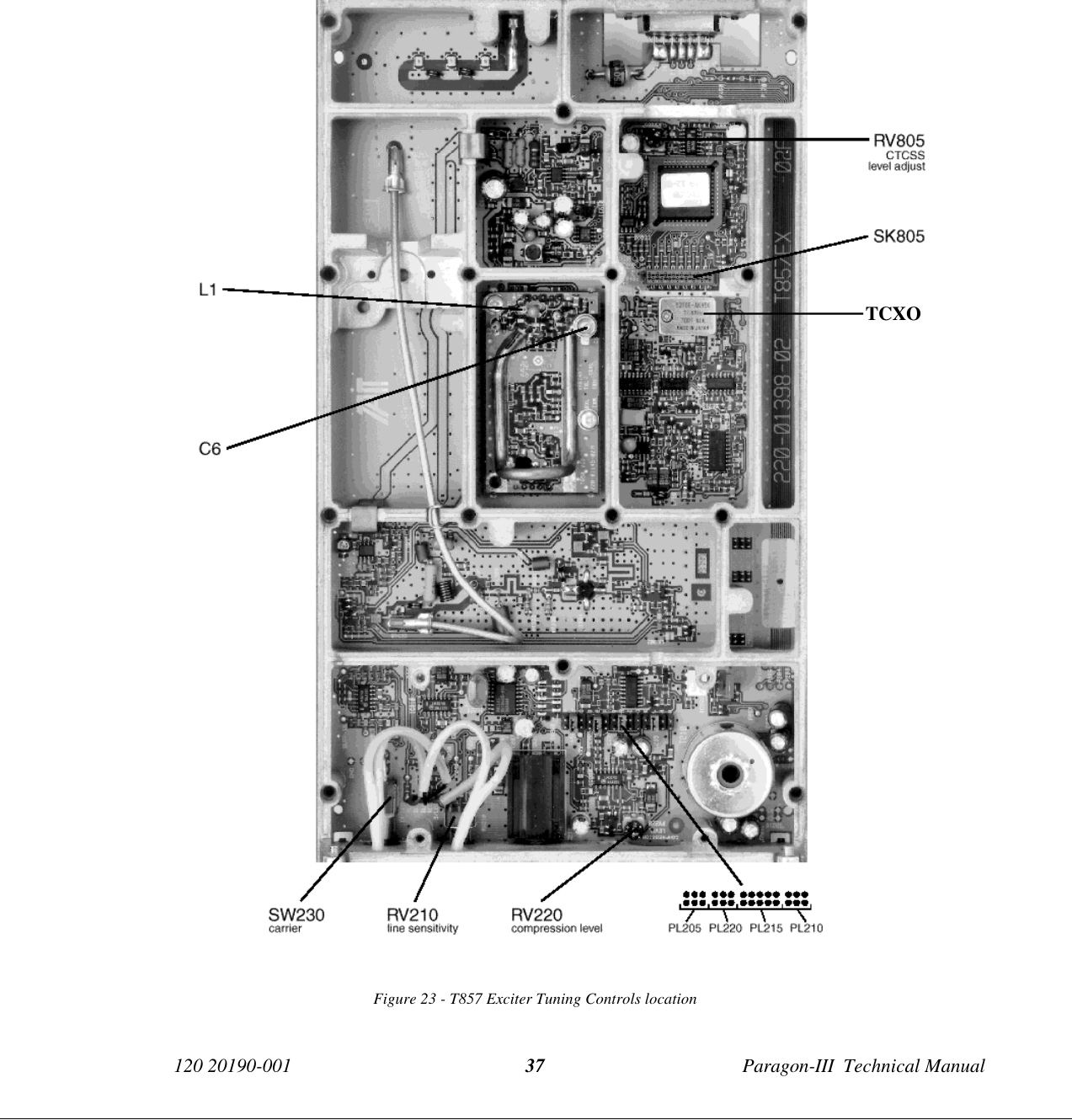120 20190-001 Paragon-III  Technical Manual37Figure 23 - T857 Exciter Tuning Controls locationTCXO