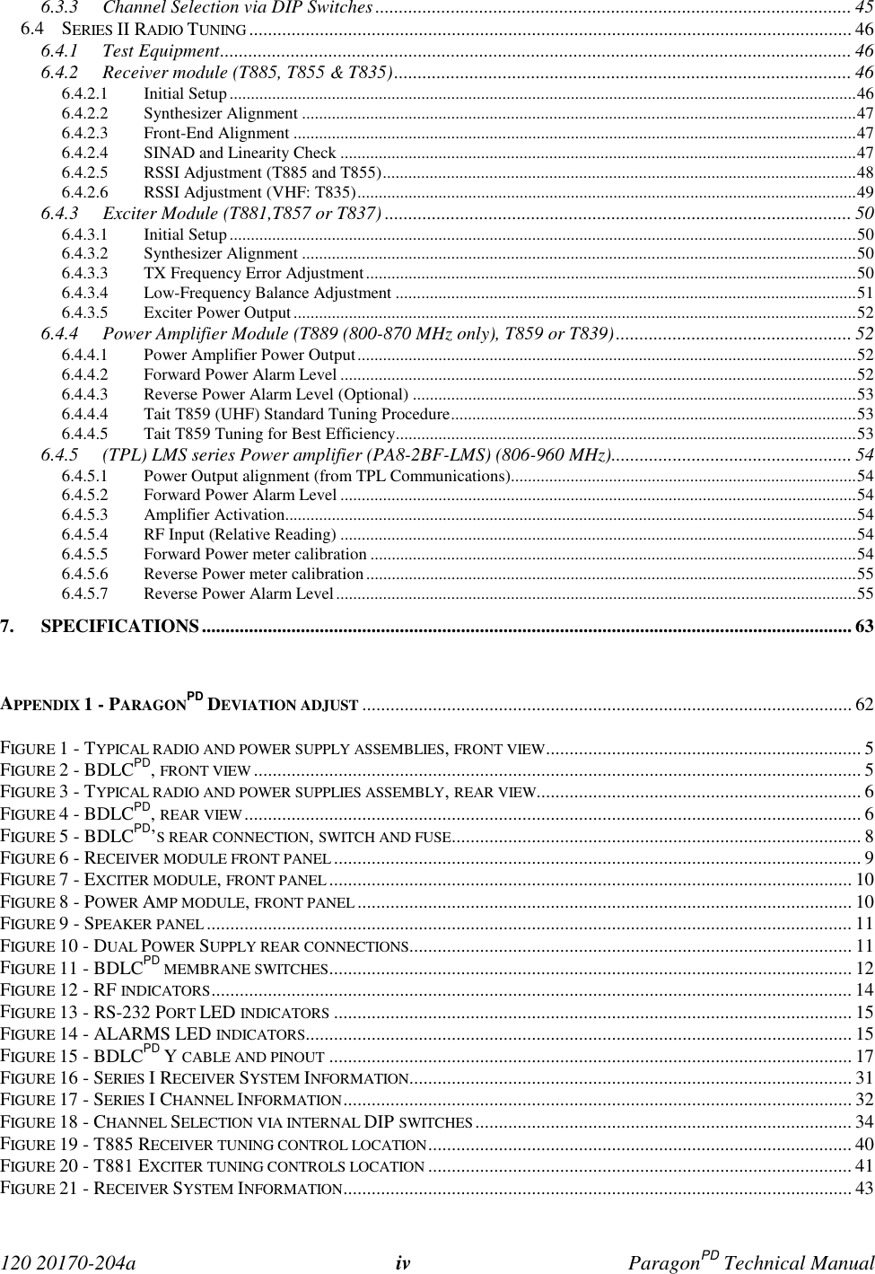  120 20170-204a iv ParagonPD Technical Manual6.3.3 Channel Selection via DIP Switches ..................................................................................................... 456.4 SERIES II RADIO TUNING ................................................................................................................................466.4.1 Test Equipment...................................................................................................................................... 466.4.2 Receiver module (T885, T855 &amp; T835)................................................................................................. 466.4.2.1 Initial Setup ...................................................................................................................................................466.4.2.2 Synthesizer Alignment ..................................................................................................................................476.4.2.3 Front-End Alignment ....................................................................................................................................476.4.2.4 SINAD and Linearity Check .........................................................................................................................476.4.2.5 RSSI Adjustment (T885 and T855)...............................................................................................................486.4.2.6 RSSI Adjustment (VHF: T835).....................................................................................................................496.4.3 Exciter Module (T881,T857 or T837) ................................................................................................... 506.4.3.1 Initial Setup ...................................................................................................................................................506.4.3.2 Synthesizer Alignment ..................................................................................................................................506.4.3.3 TX Frequency Error Adjustment...................................................................................................................506.4.3.4 Low-Frequency Balance Adjustment ............................................................................................................516.4.3.5 Exciter Power Output....................................................................................................................................526.4.4 Power Amplifier Module (T889 (800-870 MHz only), T859 or T839).................................................. 526.4.4.1 Power Amplifier Power Output.....................................................................................................................526.4.4.2 Forward Power Alarm Level .........................................................................................................................526.4.4.3 Reverse Power Alarm Level (Optional) ........................................................................................................536.4.4.4 Tait T859 (UHF) Standard Tuning Procedure...............................................................................................536.4.4.5 Tait T859 Tuning for Best Efficiency............................................................................................................536.4.5 (TPL) LMS series Power amplifier (PA8-2BF-LMS) (806-960 MHz)................................................... 546.4.5.1 Power Output alignment (from TPL Communications).................................................................................546.4.5.2 Forward Power Alarm Level .........................................................................................................................546.4.5.3 Amplifier Activation......................................................................................................................................546.4.5.4 RF Input (Relative Reading) .........................................................................................................................546.4.5.5 Forward Power meter calibration ..................................................................................................................546.4.5.6 Reverse Power meter calibration...................................................................................................................556.4.5.7 Reverse Power Alarm Level..........................................................................................................................557. SPECIFICATIONS.......................................................................................................................................... 63APPENDIX 1 - PARAGONPD DEVIATION ADJUST ........................................................................................................ 62FIGURE 1 - TYPICAL RADIO AND POWER SUPPLY ASSEMBLIES, FRONT VIEW................................................................... 5FIGURE 2 - BDLCPD, FRONT VIEW ................................................................................................................................. 5FIGURE 3 - TYPICAL RADIO AND POWER SUPPLIES ASSEMBLY, REAR VIEW..................................................................... 6FIGURE 4 - BDLCPD, REAR VIEW................................................................................................................................... 6FIGURE 5 - BDLCPD’S REAR CONNECTION, SWITCH AND FUSE....................................................................................... 8FIGURE 6 - RECEIVER MODULE FRONT PANEL................................................................................................................ 9FIGURE 7 - EXCITER MODULE, FRONT PANEL............................................................................................................... 10FIGURE 8 - POWER AMP MODULE, FRONT PANEL......................................................................................................... 10FIGURE 9 - SPEAKER PANEL......................................................................................................................................... 11FIGURE 10 - DUAL POWER SUPPLY REAR CONNECTIONS.............................................................................................. 11FIGURE 11 - BDLCPD MEMBRANE SWITCHES............................................................................................................... 12FIGURE 12 - RF INDICATORS........................................................................................................................................ 14FIGURE 13 - RS-232 PORT LED INDICATORS .............................................................................................................. 15FIGURE 14 - ALARMS LED INDICATORS.................................................................................................................... 15FIGURE 15 - BDLCPD Y CABLE AND PINOUT ............................................................................................................... 17FIGURE 16 - SERIES I RECEIVER SYSTEM INFORMATION.............................................................................................. 31FIGURE 17 - SERIES I CHANNEL INFORMATION............................................................................................................ 32FIGURE 18 - CHANNEL SELECTION VIA INTERNAL DIP SWITCHES ................................................................................ 34FIGURE 19 - T885 RECEIVER TUNING CONTROL LOCATION.......................................................................................... 40FIGURE 20 - T881 EXCITER TUNING CONTROLS LOCATION .......................................................................................... 41FIGURE 21 - RECEIVER SYSTEM INFORMATION............................................................................................................ 43