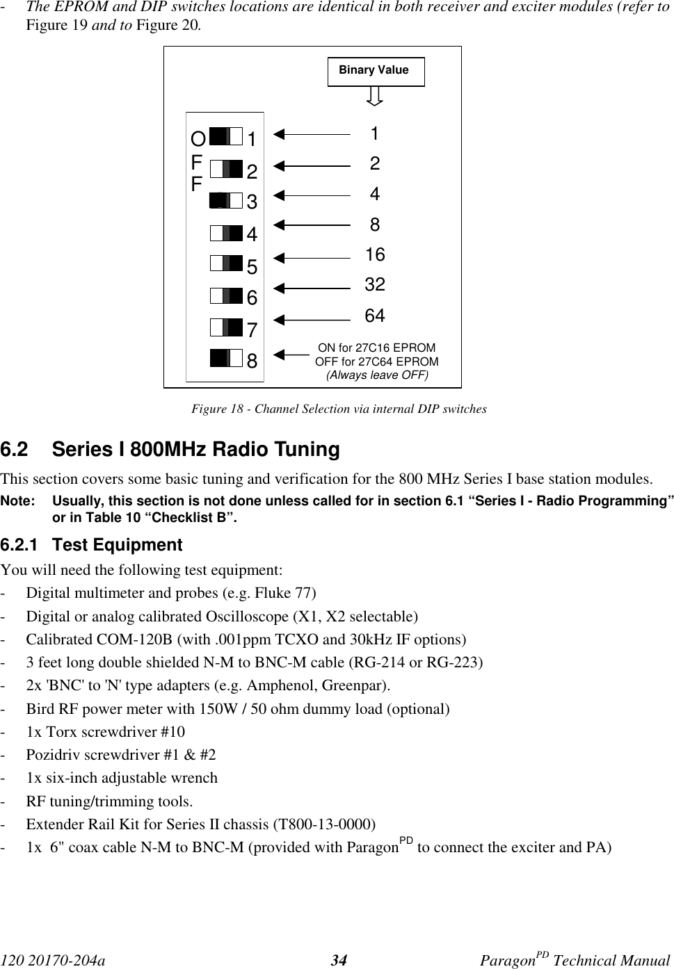 120 20170-204a ParagonPD Technical Manual34- The EPROM and DIP switches locations are identical in both receiver and exciter modules (refer toFigure 19 and to Figure 20.Figure 18 - Channel Selection via internal DIP switches6.2  Series I 800MHz Radio TuningThis section covers some basic tuning and verification for the 800 MHz Series I base station modules.Note: Usually, this section is not done unless called for in section 6.1 “Series I - Radio Programming”or in Table 10 “Checklist B”.6.2.1 Test EquipmentYou will need the following test equipment:- Digital multimeter and probes (e.g. Fluke 77)- Digital or analog calibrated Oscilloscope (X1, X2 selectable)- Calibrated COM-120B (with .001ppm TCXO and 30kHz IF options)- 3 feet long double shielded N-M to BNC-M cable (RG-214 or RG-223)- 2x &apos;BNC&apos; to &apos;N&apos; type adapters (e.g. Amphenol, Greenpar).- Bird RF power meter with 150W / 50 ohm dummy load (optional)- 1x Torx screwdriver #10- Pozidriv screwdriver #1 &amp; #2- 1x six-inch adjustable wrench- RF tuning/trimming tools.- Extender Rail Kit for Series II chassis (T800-13-0000)- 1x  6&quot; coax cable N-M to BNC-M (provided with ParagonPD to connect the exciter and PA)12345678OFFBinary Value1248163264ON for 27C16 EPROMOFF for 27C64 EPROM(Always leave OFF)