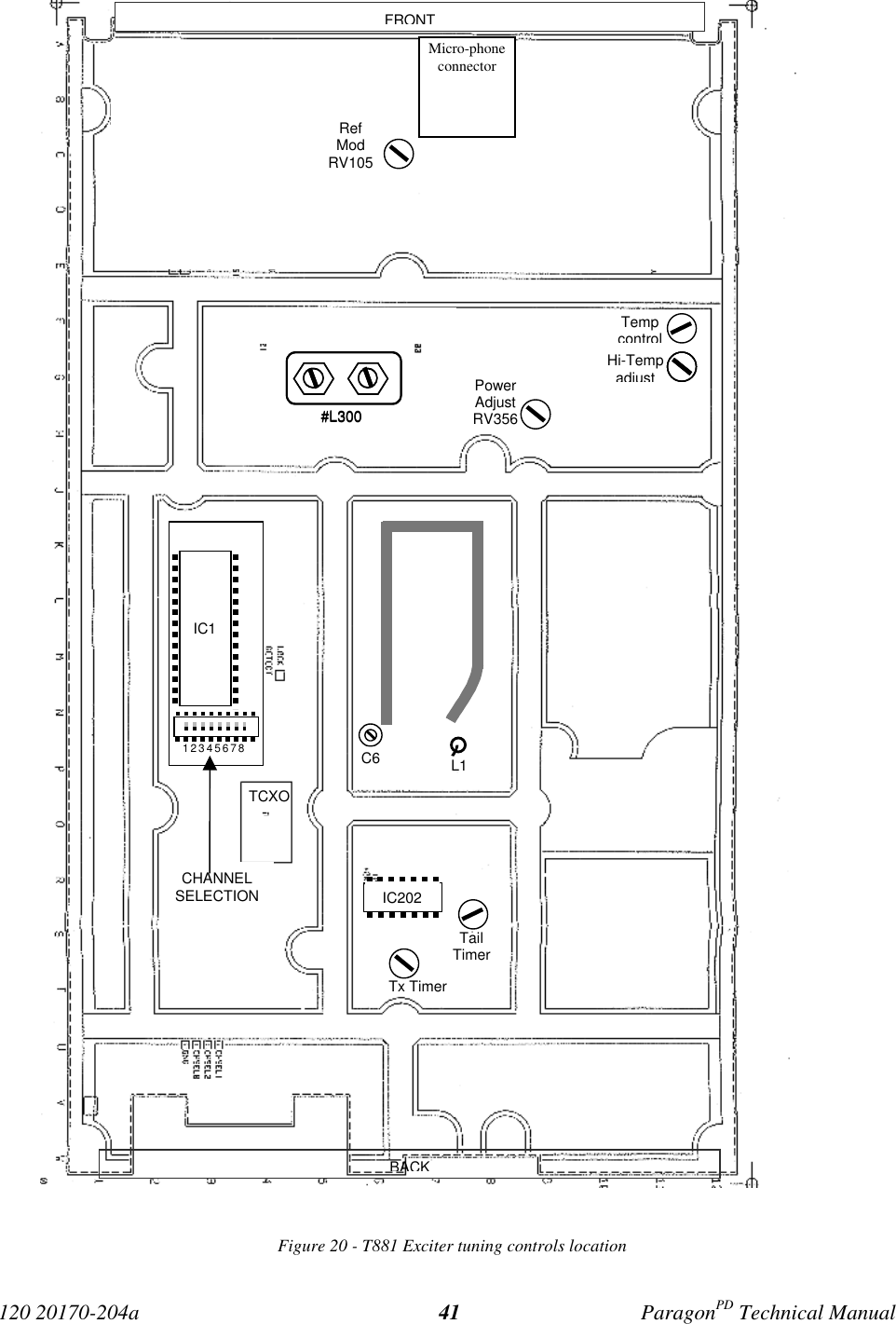 120 20170-204a ParagonPD Technical Manual41Figure 20 - T881 Exciter tuning controls location#L300C6L1IC112345678BACKFRONTTCXOIC202#L300TempcontrolHi-TempadjustPowerAdjustRV356TailTimerTx TimerMicro-phoneconnectorRefModRV105CHANNELSELECTION