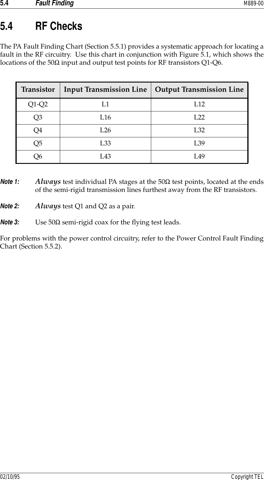 5.4 Fault Finding M889-0002/10/95 Copyright TEL5.4 RF ChecksThe PA Fault Finding Chart (Section 5.5.1) provides a systematic approach for locating afault in the RF circuitry.  Use this chart in conjunction with Figure 5.1, which shows thelocations of the 50Ω input and output test points for RF transistors Q1-Q6.Note 1: Always test individual PA stages at the 50Ω test points, located at the endsof the semi-rigid transmission lines furthest away from the RF transistors.Note 2: Always test Q1 and Q2 as a pair.Note 3: Use 50Ω semi-rigid coax for the flying test leads.For problems with the power control circuitry, refer to the Power Control Fault FindingChart (Section 5.5.2).Transistor Input Transmission Line Output Transmission LineQ1-Q2 L1 L12Q3 L16 L22Q4 L26 L32Q5 L33 L39Q6 L43 L49