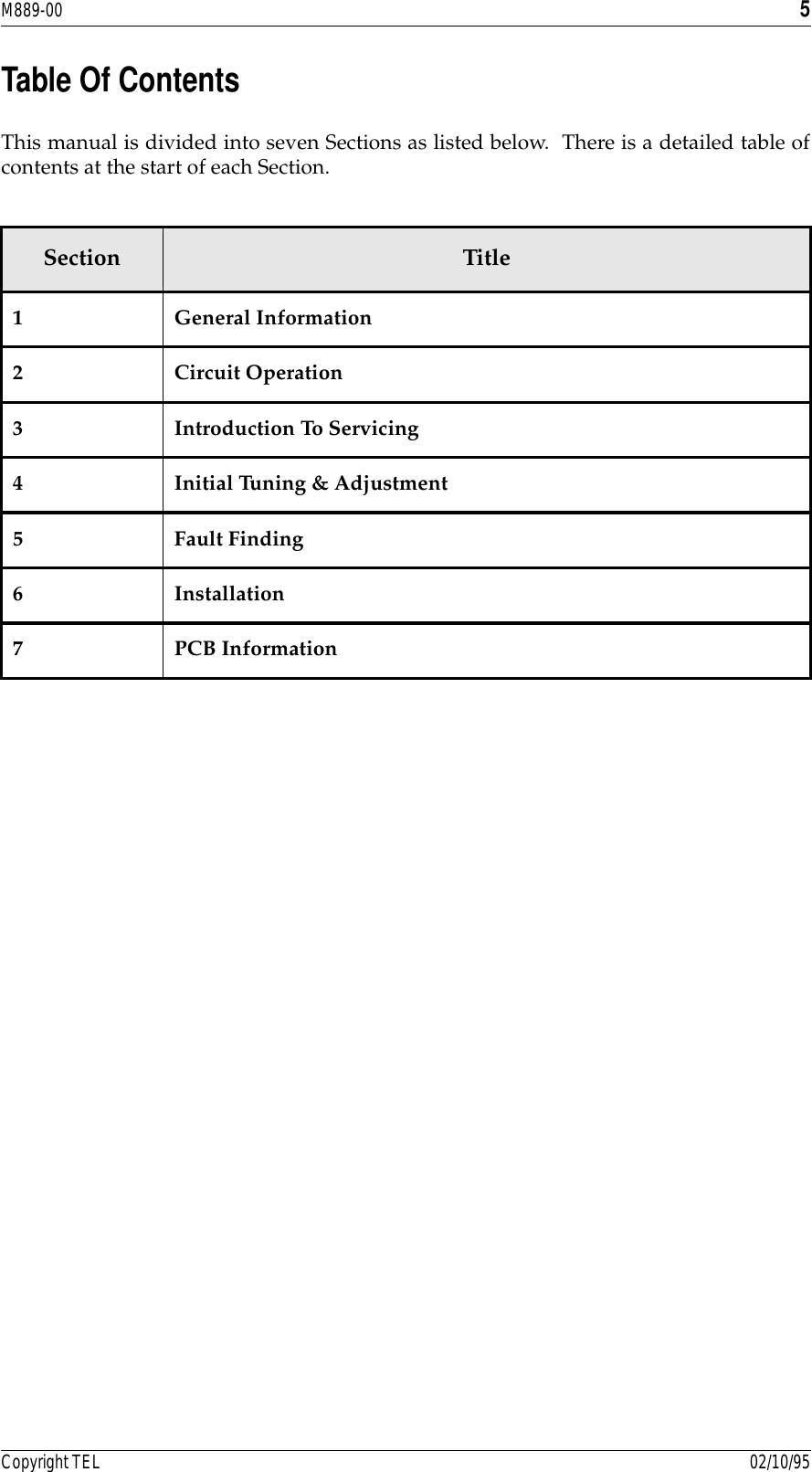 M889-00 5Copyright TEL 02/10/95Table Of ContentsThis manual is divided into seven Sections as listed below.  There is a detailed table ofcontents at the start of each Section.Section Title1 General Information2 Circuit Operation3 Introduction To Servicing4 Initial Tuning &amp; Adjustment5 Fault Finding6 Installation7 PCB Information