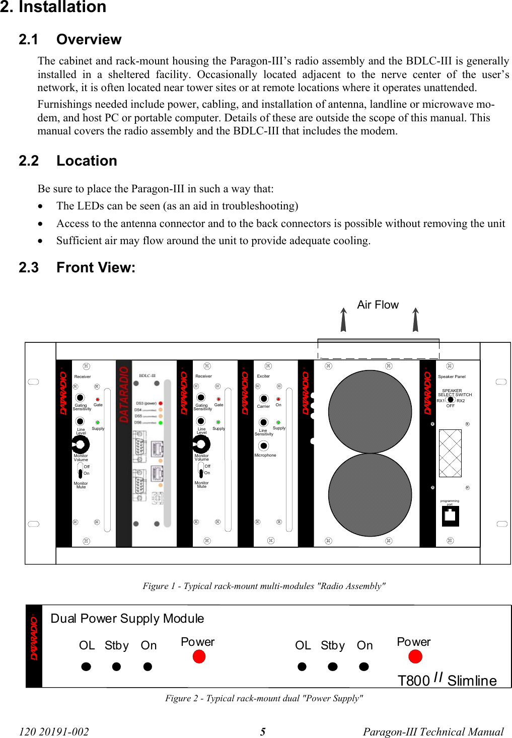   120 20191-002  Paragon-III Technical Manual 52. Installation 2.1 Overview The cabinet and rack-mount housing the Paragon-III’s radio assembly and the BDLC-III is generally installed in a sheltered facility. Occasionally located adjacent to the nerve center of the user’s network, it is often located near tower sites or at remote locations where it operates unattended. Furnishings needed include power, cabling, and installation of antenna, landline or microwave mo-dem, and host PC or portable computer. Details of these are outside the scope of this manual. This manual covers the radio assembly and the BDLC-III that includes the modem. 2.2 Location Be sure to place the Paragon-III in such a way that: • The LEDs can be seen (as an aid in troubleshooting) • Access to the antenna connector and to the back connectors is possible without removing the unit  • Sufficient air may flow around the unit to provide adequate cooling. 2.3 Front View:                  Figure 1 - Typical rack-mount multi-modules &quot;Radio Assembly&quot; Figure 2 - Typical rack-mount dual &quot;Power Supply&quot; OL Stby On PowerOL Stby On PowerT800 II Slimline®Dual Power Supply Module®Receiver®Gating GateLineLevelSupply®ExciterCarrier OnLineSensitivitySupplyMicrophone®SensitivityMonitorVolumeOffOnMonitorMuteReceiverGating GateLineLevelSupplySensitivityMonitorVolumeOffOnMonitorMuteExcellence in RadioCommunications® ®Speaker PanelprogrammingportRX2RX1OFFSPEAKERSELECT SWITCHAir FlowBDLC-III 