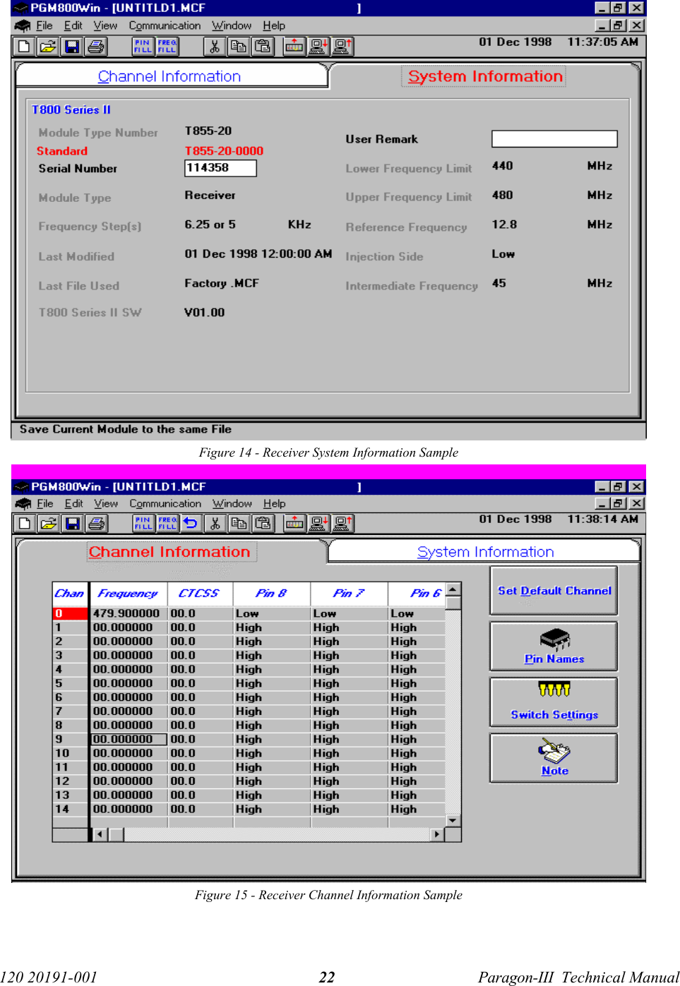   120 20191-001  Paragon-III  Technical Manual 22  Figure 14 - Receiver System Information Sample  Figure 15 - Receiver Channel Information Sample 