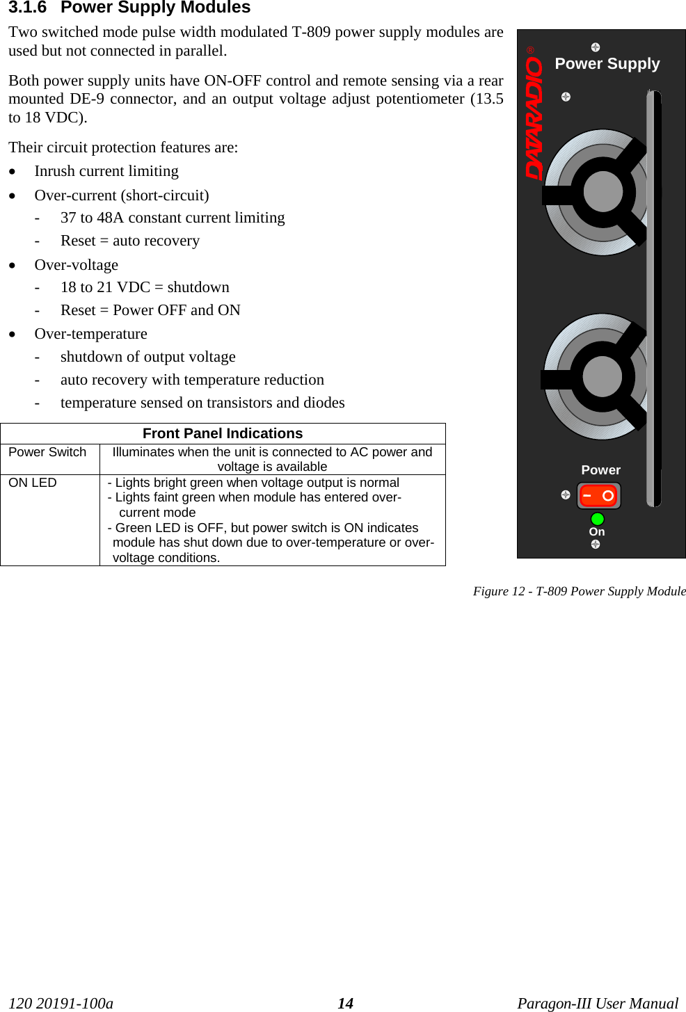 120 20191-100a Paragon-III User Manual143.1.6  Power Supply ModulesTwo switched mode pulse width modulated T-809 power supply modules areused but not connected in parallel.Both power supply units have ON-OFF control and remote sensing via a rearmounted DE-9 connector, and an output voltage adjust potentiometer (13.5to 18 VDC).Their circuit protection features are:• Inrush current limiting• Over-current (short-circuit)- 37 to 48A constant current limiting- Reset = auto recovery• Over-voltage - 18 to 21 VDC = shutdown- Reset = Power OFF and ON• Over-temperature- shutdown of output voltage- auto recovery with temperature reduction- temperature sensed on transistors and diodesFront Panel IndicationsPower Switch Illuminates when the unit is connected to AC power andvoltage is availableON LED  - Lights bright green when voltage output is normal- Lights faint green when module has entered over-current mode- Green LED is OFF, but power switch is ON indicatesmodule has shut down due to over-temperature or over-voltage conditions.Figure 12 - T-809 Power Supply Module®Power SupplyPowerOn