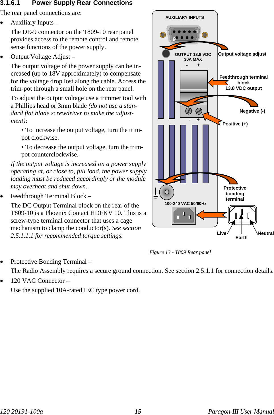 120 20191-100a Paragon-III User Manual153.1.6.1  Power Supply Rear ConnectionsThe rear panel connections are:• Auxiliary Inputs – The DE-9 connector on the T809-10 rear panelprovides access to the remote control and remotesense functions of the power supply.• Output Voltage Adjust – The output voltage of the power supply can be in-creased (up to 18V approximately) to compensatefor the voltage drop lost along the cable. Access thetrim-pot through a small hole on the rear panel.To adjust the output voltage use a trimmer tool witha Phillips head or 3mm blade (do not use a stan-dard flat blade screwdriver to make the adjust-ment):• To increase the output voltage, turn the trim-pot clockwise.• To decrease the output voltage, turn the trim-pot counterclockwise.If the output voltage is increased on a power supplyoperating at, or close to, full load, the power supplyloading must be reduced accordingly or the modulemay overheat and shut down.• Feedthrough Terminal Block – The DC Output Terminal block on the rear of theT809-10 is a Phoenix Contact HDFKV 10. This is ascrew-type terminal connector that uses a cagemechanism to clamp the conductor(s). See section2.5.1.1.1 for recommended torque settings.Figure 13 - T809 Rear panel• Protective Bonding Terminal – The Radio Assembly requires a secure ground connection. See section 2.5.1.1 for connection details.• 120 VAC Connector – Use the supplied 10A-rated IEC type power cord.AUXILIARY INPUTSOUTPUT 13.8 VDC30A MAX-      +-    +100-240 VAC 50/60Hz19Output voltage adjustFeedthrough terminalblock13.8 VDC outputNegative (-)Positive (+)ProtectivebondingterminalNeutralLive Earth