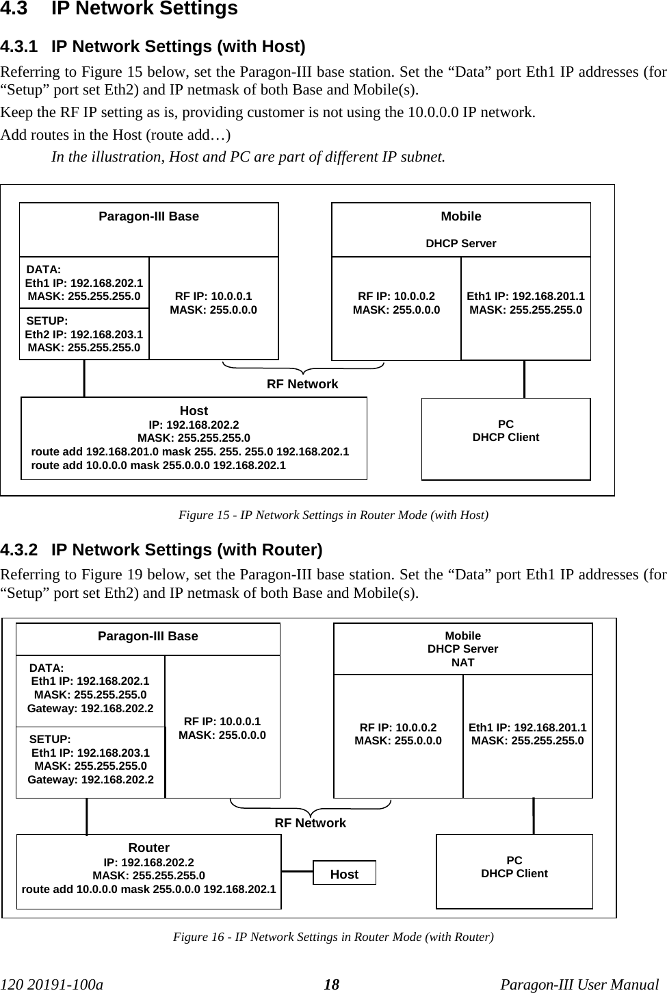 120 20191-100a Paragon-III User Manual184.3  IP Network Settings4.3.1  IP Network Settings (with Host)Referring to Figure 15 below, set the Paragon-III base station. Set the “Data” port Eth1 IP addresses (for“Setup” port set Eth2) and IP netmask of both Base and Mobile(s).Keep the RF IP setting as is, providing customer is not using the 10.0.0.0 IP network.Add routes in the Host (route add…)In the illustration, Host and PC are part of different IP subnet.Figure 15 - IP Network Settings in Router Mode (with Host)4.3.2  IP Network Settings (with Router)Referring to Figure 19 below, set the Paragon-III base station. Set the “Data” port Eth1 IP addresses (for“Setup” port set Eth2) and IP netmask of both Base and Mobile(s).Figure 16 - IP Network Settings in Router Mode (with Router)Paragon-III Base  DATA:Eth1 IP: 192.168.202.1MASK: 255.255.255.0 RF IP: 10.0.0.1MASK: 255.0.0.0MobileDHCP ServerRF IP: 10.0.0.2MASK: 255.0.0.0 Eth1 IP: 192.168.201.1MASK: 255.255.255.0RF NetworkHostIP: 192.168.202.2MASK: 255.255.255.0   route add 192.168.201.0 mask 255. 255. 255.0 192.168.202.1   route add 10.0.0.0 mask 255.0.0.0 192.168.202.1PCDHCP Client  SETUP:Eth2 IP: 192.168.203.1MASK: 255.255.255.0Paragon-III Base    DATA:Eth1 IP: 192.168.202.1MASK: 255.255.255.0Gateway: 192.168.202.2 RF IP: 10.0.0.1MASK: 255.0.0.0MobileDHCP ServerNATRF IP: 10.0.0.2MASK: 255.0.0.0 Eth1 IP: 192.168.201.1MASK: 255.255.255.0RF NetworkRouterIP: 192.168.202.2MASK: 255.255.255.0route add 10.0.0.0 mask 255.0.0.0 192.168.202.1PCDHCP Client    SETUP:Eth1 IP: 192.168.203.1MASK: 255.255.255.0Gateway: 192.168.202.2Host
