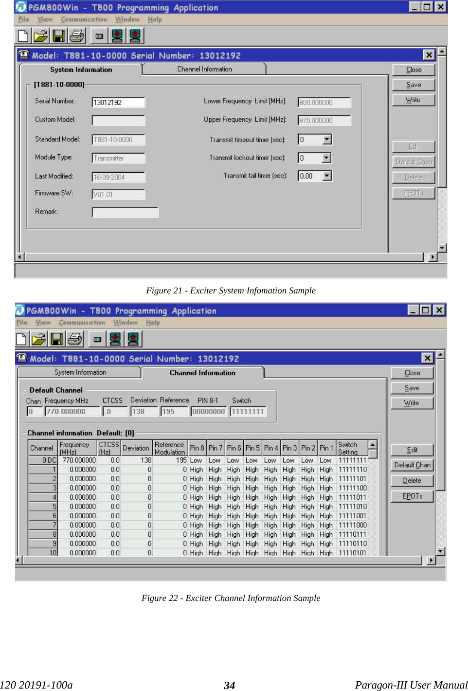 120 20191-100a Paragon-III User Manual34Figure 21 - Exciter System Infomation SampleFigure 22 - Exciter Channel Information Sample