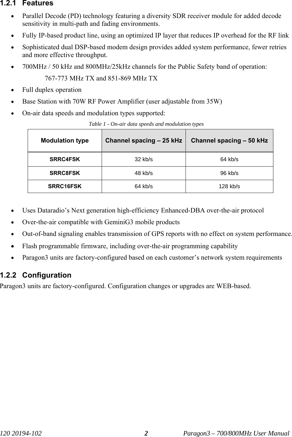   120 20194-102   Paragon3 – 700/800MHz User Manual 21.2.1 Features • Parallel Decode (PD) technology featuring a diversity SDR receiver module for added decode sensitivity in multi-path and fading environments. • Fully IP-based product line, using an optimized IP layer that reduces IP overhead for the RF link • Sophisticated dual DSP-based modem design provides added system performance, fewer retries and more effective throughput. • 700MHz / 50 kHz and 800MHz/25kHz channels for the Public Safety band of operation:  767-773 MHz TX and 851-869 MHz TX  • Full duplex operation  • Base Station with 70W RF Power Amplifier (user adjustable from 35W) • On-air data speeds and modulation types supported: Table 1 - On-air data speeds and modulation types Modulation type  Channel spacing – 25 kHz Channel spacing – 50 kHz SRRC4FSK 32 kb/s  64 kb/s SRRC8FSK 48 kb/s  96 kb/s SRRC16FSK 64 kb/s  128 kb/s  • Uses Dataradio’s Next generation high-efficiency Enhanced-DBA over-the-air protocol • Over-the-air compatible with GeminiG3 mobile products • Out-of-band signaling enables transmission of GPS reports with no effect on system performance. • Flash programmable firmware, including over-the-air programming capability  • Paragon3 units are factory-configured based on each customer’s network system requirements 1.2.2 Configuration Paragon3 units are factory-configured. Configuration changes or upgrades are WEB-based. 
