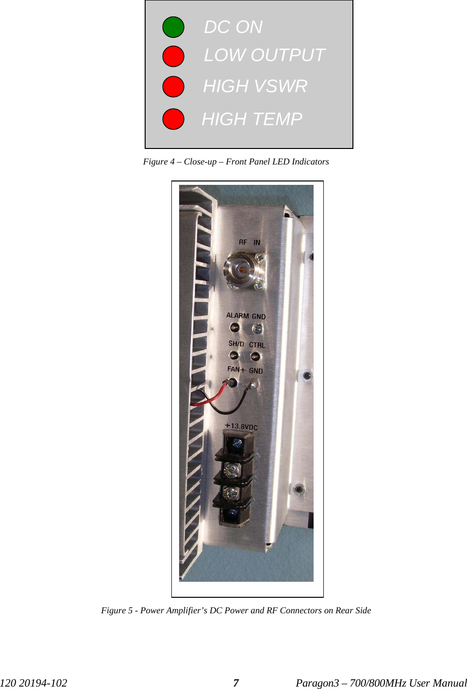  120 20194-102   Paragon3 – 700/800MHz User Manual 7 Figure 4 – Close-up – Front Panel LED Indicators Figure 5 - Power Amplifier’s DC Power and RF Connectors on Rear Side       DC ON LOW OUTPUTHIGH VSWR HIGH TEMP 