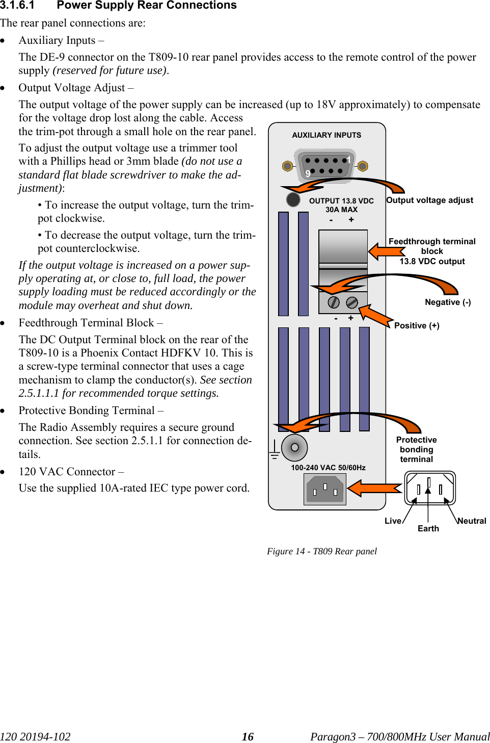   120 20194-102   Paragon3 – 700/800MHz User Manual 163.1.6.1  Power Supply Rear Connections The rear panel connections are: • Auxiliary Inputs –  The DE-9 connector on the T809-10 rear panel provides access to the remote control of the power supply (reserved for future use). • Output Voltage Adjust –  The output voltage of the power supply can be increased (up to 18V approximately) to compensate for the voltage drop lost along the cable. Access the trim-pot through a small hole on the rear panel. To adjust the output voltage use a trimmer tool with a Phillips head or 3mm blade (do not use a standard flat blade screwdriver to make the ad-justment): • To increase the output voltage, turn the trim-pot clockwise. • To decrease the output voltage, turn the trim-pot counterclockwise. If the output voltage is increased on a power sup-ply operating at, or close to, full load, the power supply loading must be reduced accordingly or the module may overheat and shut down. • Feedthrough Terminal Block –  The DC Output Terminal block on the rear of the T809-10 is a Phoenix Contact HDFKV 10. This is a screw-type terminal connector that uses a cage mechanism to clamp the conductor(s). See section 2.5.1.1.1 for recommended torque settings. • Protective Bonding Terminal –  The Radio Assembly requires a secure ground connection. See section 2.5.1.1 for connection de-tails. • 120 VAC Connector –  Use the supplied 10A-rated IEC type power cord.    Figure 14 - T809 Rear panel AUXILIARY INPUTS OUTPUT 13.8 VDC 30A MAX -      + -    + 100-240 VAC 50/60Hz 1 9 Output voltage adjustFeedthrough terminal block 13.8 VDC output Negative (-)Positive (+) Protective bonding terminal NeutralLive  Earth 