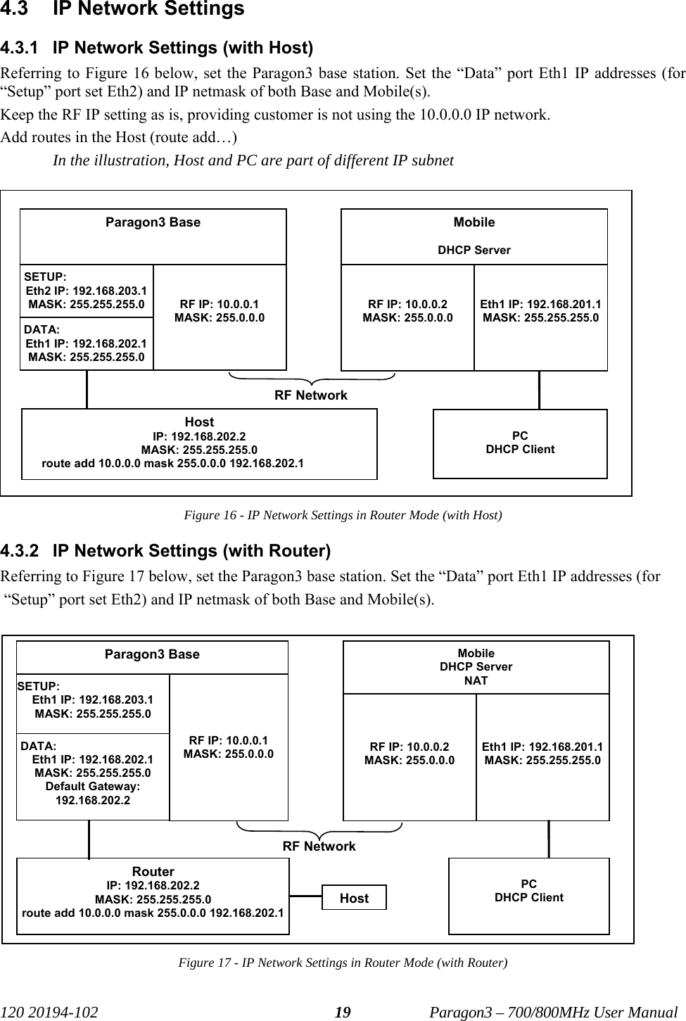   120 20194-102   Paragon3 – 700/800MHz User Manual 194.3  IP Network Settings 4.3.1  IP Network Settings (with Host) Referring to Figure 16 below, set the Paragon3 base station. Set the “Data” port Eth1 IP addresses (for  “Setup” port set Eth2) and IP netmask of both Base and Mobile(s). Keep the RF IP setting as is, providing customer is not using the 10.0.0.0 IP network. Add routes in the Host (route add…) In the illustration, Host and PC are part of different IP subnet Figure 16 - IP Network Settings in Router Mode (with Host) 4.3.2  IP Network Settings (with Router) Referring to Figure 17 below, set the Paragon3 base station. Set the “Data” port Eth1 IP addresses (for    “Setup” port set Eth2) and IP netmask of both Base and Mobile(s). Figure 17 - IP Network Settings in Router Mode (with Router)  Paragon3 Base   SETUP:  Eth2 IP: 192.168.203.1 MASK: 255.255.255.0    RF IP: 10.0.0.1 MASK: 255.0.0.0 Mobile DHCP Server   RF IP: 10.0.0.2 MASK: 255.0.0.0   Eth1 IP: 192.168.201.1 MASK: 255.255.255.0 RF Network Host IP: 192.168.202.2 MASK: 255.255.255.0       route add 10.0.0.0 mask 255.0.0.0 192.168.202.1  PC DHCP Client  DATA: Eth1 IP: 192.168.202.1 MASK: 255.255.255.0  Paragon3 Base SETUP:  Eth1 IP: 192.168.203.1 MASK: 255.255.255.0         RF IP: 10.0.0.1 MASK: 255.0.0.0 Mobile DHCP Server NAT    RF IP: 10.0.0.2 MASK: 255.0.0.0    Eth1 IP: 192.168.201.1 MASK: 255.255.255.0 RF NetworkRouter IP: 192.168.202.2 MASK: 255.255.255.0 route add 10.0.0.0 mask 255.0.0.0 192.168.202.1 PC DHCP Client  DATA: Eth1 IP: 192.168.202.1 MASK: 255.255.255.0 Default Gateway: 192.168.202.2 Host