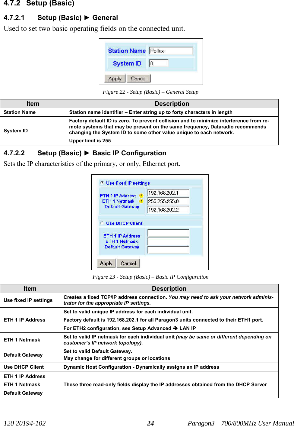   120 20194-102   Paragon3 – 700/800MHz User Manual 24 4.7.2 Setup (Basic) 4.7.2.1 Setup (Basic) ► General Used to set two basic operating fields on the connected unit. Figure 22 - Setup (Basic) – General Setup Item  Description Station Name  Station name identifier – Enter string up to forty characters in length System ID Factory default ID is zero. To prevent collision and to minimize interference from re-mote systems that may be present on the same frequency, Dataradio recommends changing the System ID to some other value unique to each network.  Upper limit is 255 4.7.2.2 Setup (Basic) ► Basic IP Configuration Sets the IP characteristics of the primary, or only, Ethernet port. Figure 23 - Setup (Basic) – Basic IP Configuration Item  Description Use fixed IP settings  Creates a fixed TCP/IP address connection. You may need to ask your network adminis-trator for the appropriate IP settings. ETH 1 IP Address Set to valid unique IP address for each individual unit.  Factory default is 192.168.202.1 for all Paragon3 units connected to their ETH1 port. For ETH2 configuration, see Setup Advanced Î LAN IP   ETH 1 Netmask  Set to valid IP netmask for each individual unit (may be same or different depending on customer’s IP network topology). Default Gateway  Set to valid Default Gateway.  May change for different groups or locations Use DHCP Client  Dynamic Host Configuration - Dynamically assigns an IP address ETH 1 IP Address ETH 1 Netmask Default Gateway These three read-only fields display the IP addresses obtained from the DHCP Server 