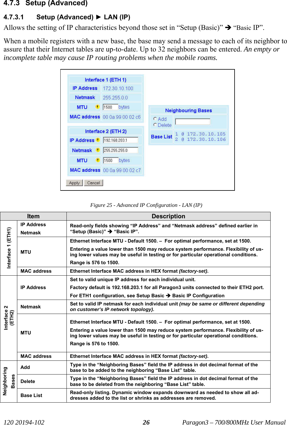   120 20194-102   Paragon3 – 700/800MHz User Manual 264.7.3  Setup (Advanced)  4.7.3.1 Setup (Advanced) ► LAN (IP) Allows the setting of IP characteristics beyond those set in “Setup (Basic)” Î “Basic IP”. When a mobile registers with a new base, the base may send a message to each of its neighbor to assure that their Internet tables are up-to-date. Up to 32 neighbors can be entered. An empty or incomplete table may cause IP routing problems when the mobile roams.  Figure 25 - Advanced IP Configuration - LAN (IP) Item  Description IP Address Netmask Read-only fields showing “IP Address” and “Netmask address” defined earlier in “Setup (Basic)” Î “Basic IP”. MTU Ethernet Interface MTU - Default 1500. –  For optimal performance, set at 1500. Entering a value lower than 1500 may reduce system performance. Flexibility of us-ing lower values may be useful in testing or for particular operational conditions.  Range is 576 to 1500. Interface 1 (ETH1) MAC address  Ethernet Interface MAC address in HEX format (factory-set). IP Address Set to valid unique IP address for each individual unit.  Factory default is 192.168.203.1 for all Paragon3 units connected to their ETH2 port. For ETH1 configuration, see Setup Basic Î Basic IP Configuration   Netmask  Set to valid IP netmask for each individual unit (may be same or different depending on customer’s IP network topology). MTU Ethernet Interface MTU - Default 1500. –  For optimal performance, set at 1500. Entering a value lower than 1500 may reduce system performance. Flexibility of us-ing lower values may be useful in testing or for particular operational conditions.  Range is 576 to 1500. Interface 2  (ETH2) MAC address  Ethernet Interface MAC address in HEX format (factory-set). Add  Type in the “Neighboring Bases” field the IP address in dot decimal format of the base to be added to the neighboring “Base List” table. Delete  Type in the “Neighboring Bases” field the IP address in dot decimal format of the base to be deleted from the neighboring “Base List” table. Neighboring Bases Base List  Read-only listing. Dynamic window expands downward as needed to show all ad-dresses added to the list or shrinks as addresses are removed.   