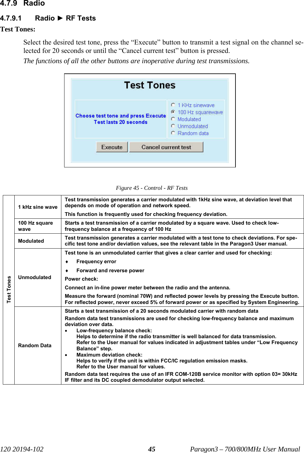   120 20194-102   Paragon3 – 700/800MHz User Manual 454.7.9 Radio 4.7.9.1 Radio ► RF Tests Test Tones: Select the desired test tone, press the “Execute” button to transmit a test signal on the channel se-lected for 20 seconds or until the “Cancel current test” button is pressed.  The functions of all the other buttons are inoperative during test transmissions.  Figure 45 - Control - RF Tests 1 kHz sine wave Test transmission generates a carrier modulated with 1kHz sine wave, at deviation level that depends on mode of operation and network speed. This function is frequently used for checking frequency deviation. 100 Hz square wave Starts a test transmission of a carrier modulated by a square wave. Used to check low-frequency balance at a frequency of 100 Hz Modulated  Test transmission generates a carrier modulated with a test tone to check deviations. For spe-cific test tone and/or deviation values, see the relevant table in the Paragon3 User manual. Unmodulated Test tone is an unmodulated carrier that gives a clear carrier and used for checking: ♦ Frequency error  ♦ Forward and reverse power Power check: Connect an in-line power meter between the radio and the antenna.  Measure the forward (nominal 70W) and reflected power levels by pressing the Execute button. For reflected power, never exceed 5% of forward power or as specified by System Engineering. Test Tones Random Data Starts a test transmission of a 20 seconds modulated carrier with random data Random data test transmissions are used for checking low-frequency balance and maximum deviation over data. • Low-frequency balance check:  Helps to determine if the radio transmitter is well balanced for data transmission.  Refer to the User manual for values indicated in adjustment tables under “Low Frequency Balance” step. • Maximum deviation check: Helps to verify if the unit is within FCC/IC regulation emission masks.  Refer to the User manual for values. Random data test requires the use of an IFR COM-120B service monitor with option 03= 30kHz IF filter and its DC coupled demodulator output selected.   