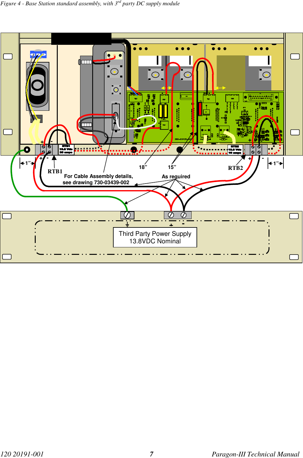 120 20191-001 Paragon-III Technical Manual7Figure 4 - Base Station standard assembly, with 3rd party DC supply module For Cable Assembly details,see drawing 730-03439-0021” 1”18” 15”As requiredThird Party Power Supply13.8VDC Nominal-+RTB2+RTB1-+-+-+-