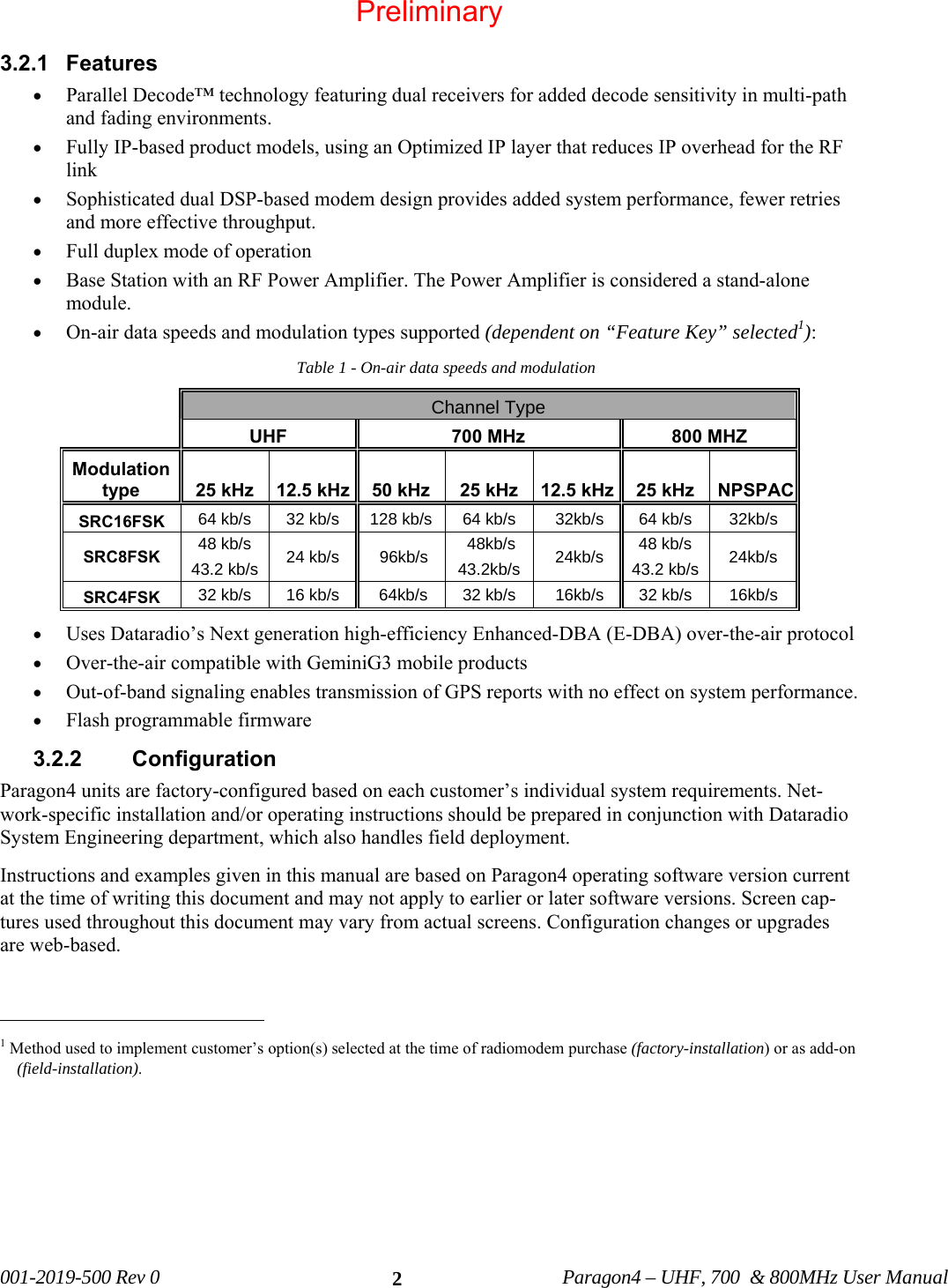   001-2019-500 Rev 0          Paragon4 – UHF, 700  &amp; 800MHz User Manual   23.2.1 Features • Parallel Decode™ technology featuring dual receivers for added decode sensitivity in multi-path and fading environments. • Fully IP-based product models, using an Optimized IP layer that reduces IP overhead for the RF link • Sophisticated dual DSP-based modem design provides added system performance, fewer retries and more effective throughput. • Full duplex mode of operation  • Base Station with an RF Power Amplifier. The Power Amplifier is considered a stand-alone module.  • On-air data speeds and modulation types supported (dependent on “Feature Key” selected1): Table 1 - On-air data speeds and modulation   Channel Type UHF  700 MHz   800 MHZ Modulation type  25 kHz  12.5 kHz 50 kHz  25 kHz  12.5 kHz 25 kHz   NPSPACSRC16FSK  64 kb/s  32 kb/s  128 kb/s  64 kb/s   32kb/s  64 kb/s  32kb/s SRC8FSK  48 kb/s  24 kb/s   96kb/s   48kb/s   24kb/s  48 kb/s  24kb/s 43.2 kb/s  43.2kb/s  43.2 kb/s SRC4FSK  32 kb/s  16 kb/s   64kb/s  32 kb/s   16kb/s  32 kb/s  16kb/s • Uses Dataradio’s Next generation high-efficiency Enhanced-DBA (E-DBA) over-the-air protocol • Over-the-air compatible with GeminiG3 mobile products • Out-of-band signaling enables transmission of GPS reports with no effect on system performance. • Flash programmable firmware 3.2.2 Configuration Paragon4 units are factory-configured based on each customer’s individual system requirements. Net-work-specific installation and/or operating instructions should be prepared in conjunction with Dataradio System Engineering department, which also handles field deployment.  Instructions and examples given in this manual are based on Paragon4 operating software version current at the time of writing this document and may not apply to earlier or later software versions. Screen cap-tures used throughout this document may vary from actual screens. Configuration changes or upgrades are web-based.                                                1 Method used to implement customer’s option(s) selected at the time of radiomodem purchase (factory-installation) or as add-on (field-installation). Preliminary
