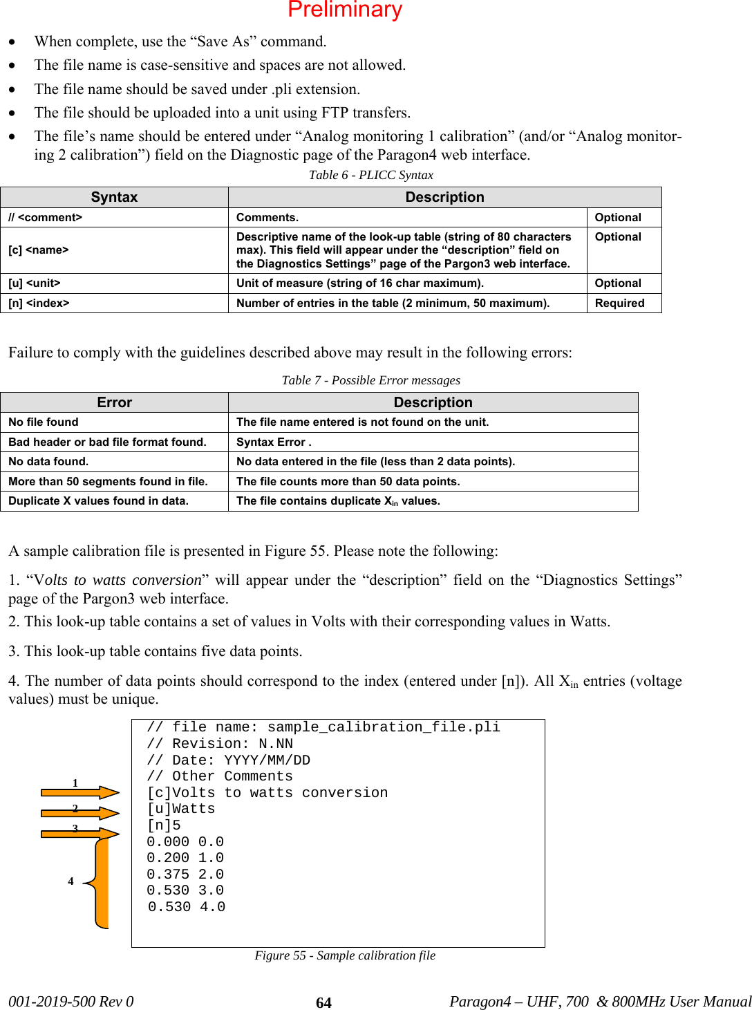   001-2019-500 Rev 0          Paragon4 – UHF, 700  &amp; 800MHz User Manual   64• When complete, use the “Save As” command.  • The file name is case-sensitive and spaces are not allowed.  • The file name should be saved under .pli extension.  • The file should be uploaded into a unit using FTP transfers. • The file’s name should be entered under “Analog monitoring 1 calibration” (and/or “Analog monitor-ing 2 calibration”) field on the Diagnostic page of the Paragon4 web interface.  Table 6 - PLICC Syntax Syntax  Description // &lt;comment&gt;  Comments.  Optional [c] &lt;name&gt; Descriptive name of the look-up table (string of 80 characters max). This field will appear under the “description” field on the Diagnostics Settings” page of the Pargon3 web interface.  Optional [u] &lt;unit&gt;  Unit of measure (string of 16 char maximum).   Optional [n] &lt;index&gt;  Number of entries in the table (2 minimum, 50 maximum).   Required  Failure to comply with the guidelines described above may result in the following errors: Table 7 - Possible Error messages Error  Description No file found  The file name entered is not found on the unit. Bad header or bad file format found.  Syntax Error . No data found.  No data entered in the file (less than 2 data points). More than 50 segments found in file.  The file counts more than 50 data points. Duplicate X values found in data.  The file contains duplicate Xin values.   A sample calibration file is presented in Figure 55. Please note the following: 1. “Volts to watts conversion” will appear under the “description” field on the “Diagnostics Settings” page of the Pargon3 web interface.  2. This look-up table contains a set of values in Volts with their corresponding values in Watts. 3. This look-up table contains five data points.  4. The number of data points should correspond to the index (entered under [n]). All Xin entries (voltage values) must be unique.  // file name: sample_calibration_file.pli  // Revision: N.NN // Date: YYYY/MM/DD // Other Comments  [c]Volts to watts conversion [u]Watts [n]5 0.000 0.0 0.200 1.0 0.375 2.0 0.530 3.0  0.530 4.0  Figure 55 - Sample calibration file  2 3 1 4 Preliminary