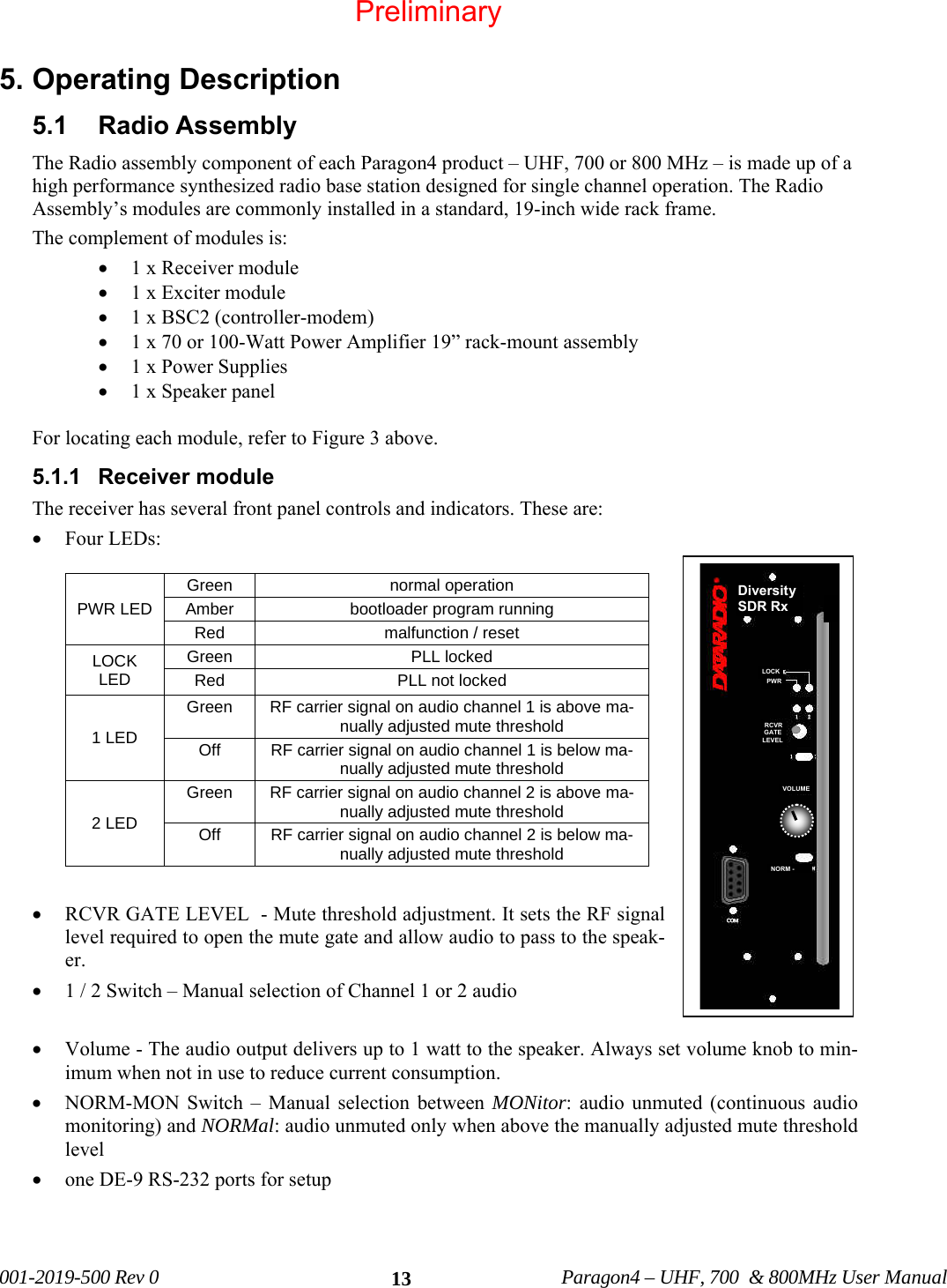 001-2019-500 Rev 0 Paragon4 – UHF, 700 & 800MHz User Manual 13 LOCK PWR RCVR GATELEVELVOLUME NORM - DiversitySDR Rx 5. Operating Description 5.1 Radio Assembly The Radio assembly component of each Paragon4 product – UHF, 700 or 800 MHz – is made up of a high performance synthesized radio base station designed for single channel operation. The Radio Assembly’s modules are commonly installed in a standard, 19-inch wide rack frame. The complement of modules is: • 1 x Receiver module • 1 x Exciter module • 1 x BSC2 (controller-modem) • 1 x 70 or 100-Watt Power Amplifier 19” rack-mount assembly • 1 x Power Supplies • 1 x Speaker panel For locating each module, refer to Figure 3 above. 5.1.1 Receiver module The receiver has several front panel controls and indicators. These are: • Four LEDs: PWR LED Green normal operation Amber bootloader program running Red malfunction / reset LOCK LED Green PLL locked Red PLL not locked 1 LED Green RF carrier signal on audio channel 1 is above ma-nually adjusted mute threshold Off RF carrier signal on audio channel 1 is below ma-nually adjusted mute threshold 2 LED Green RF carrier signal on audio channel 2 is above ma-nually adjusted mute threshold Off RF carrier signal on audio channel 2 is below ma-nually adjusted mute threshold • RCVR GATE LEVEL - Mute threshold adjustment. It sets the RF signal level required to open the mute gate and allow audio to pass to the speak-er. • 1 / 2 Switch – Manual selection of Channel 1 or 2 audio • Volume - The audio output delivers up to 1 watt to the speaker. Always set volume knob to min-imum when not in use to reduce current consumption. • NORM-MON Switch – Manual selection between MONitor: audio unmuted (continuous audio monitoring) and NORMal: audio unmuted only when above the manually adjusted mute threshold level • one DE-9 RS-232 ports for setup Preliminary