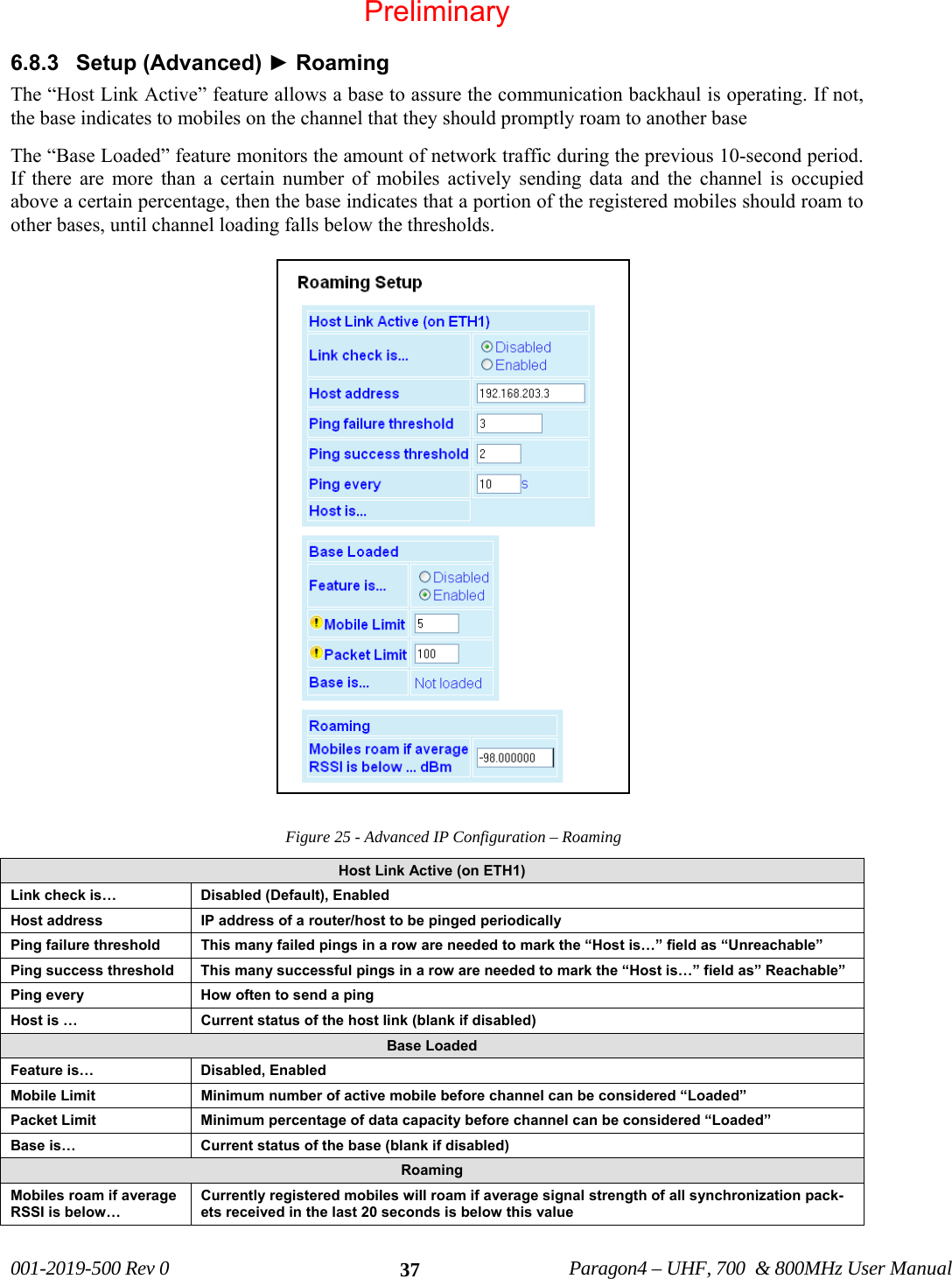 001-2019-500 Rev 0 Paragon4 – UHF, 700 & 800MHz User Manual 376.8.3 Setup (Advanced) ► Roaming The “Host Link Active” feature allows a base to assure the communication backhaul is operating. If not, the base indicates to mobiles on the channel that they should promptly roam to another base The “Base Loaded” feature monitors the amount of network traffic during the previous 10-second period. If there are more than a certain number of mobiles actively sending data and the channel is occupied above a certain percentage, then the base indicates that a portion of the registered mobiles should roam to other bases, until channel loading falls below the thresholds. Figure 25 - Advanced IP Configuration – Roaming Host Link Active (on ETH1) Link check is… Disabled (Default), Enabled Host address IP address of a router/host to be pinged periodically Ping failure threshold This many failed pings in a row are needed to mark the “Host is…” field as “Unreachable” Ping success threshold This many successful pings in a row are needed to mark the “Host is…” field as” Reachable” Ping every How often to send a ping Host is … Current status of the host link (blank if disabled) Base Loaded Feature is… Disabled, Enabled Mobile Limit Minimum number of active mobile before channel can be considered “Loaded” Packet Limit Minimum percentage of data capacity before channel can be considered “Loaded” Base is… Current status of the base (blank if disabled) Roaming Mobiles roam if average RSSI is below… Currently registered mobiles will roam if average signal strength of all synchronization pack-ets received in the last 20 seconds is below this value Preliminary