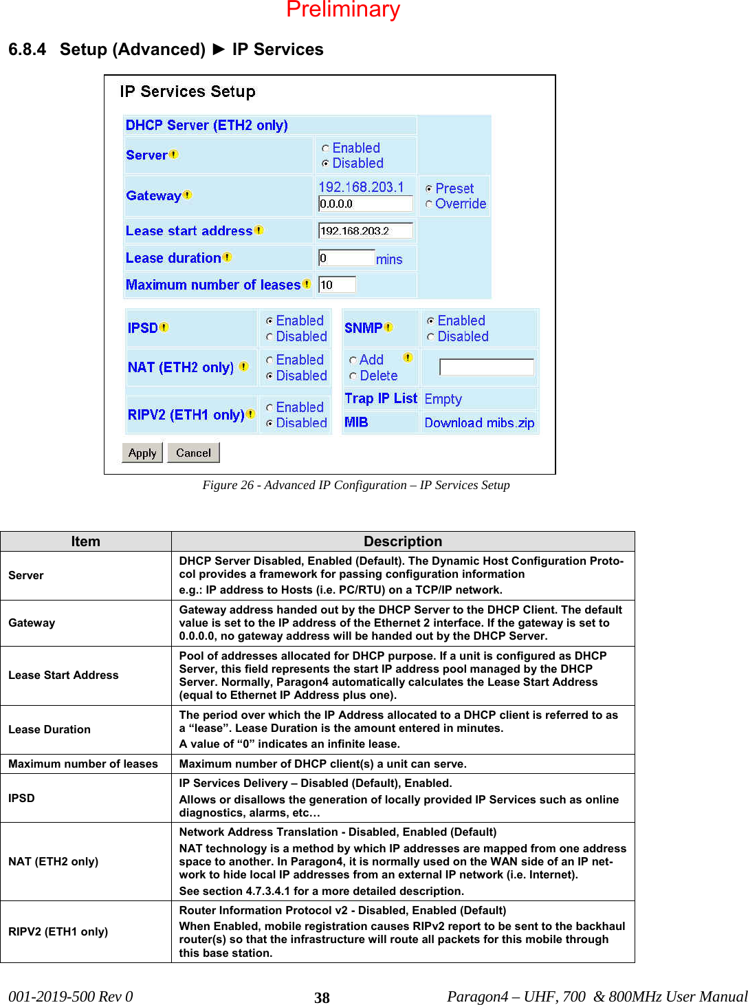 001-2019-500 Rev 0 Paragon4 – UHF, 700 & 800MHz User Manual 386.8.4 Setup (Advanced) ► IP Services Figure 26 - Advanced IP Configuration – IP Services Setup Item Description Server DHCP Server Disabled, Enabled (Default). The Dynamic Host Configuration Proto-col provides a framework for passing configuration information e.g.: IP address to Hosts (i.e. PC/RTU) on a TCP/IP network. Gateway Gateway address handed out by the DHCP Server to the DHCP Client. The default value is set to the IP address of the Ethernet 2 interface. If the gateway is set to 0.0.0.0, no gateway address will be handed out by the DHCP Server. Lease Start Address Pool of addresses allocated for DHCP purpose. If a unit is configured as DHCP Server, this field represents the start IP address pool managed by the DHCP Server. Normally, Paragon4 automatically calculates the Lease Start Address (equal to Ethernet IP Address plus one). Lease Duration The period over which the IP Address allocated to a DHCP client is referred to as a “lease”. Lease Duration is the amount entered in minutes. A value of “0” indicates an infinite lease. Maximum number of leases Maximum number of DHCP client(s) a unit can serve. IPSD IP Services Delivery – Disabled (Default), Enabled. Allows or disallows the generation of locally provided IP Services such as online diagnostics, alarms, etc… NAT (ETH2 only) Network Address Translation - Disabled, Enabled (Default) NAT technology is a method by which IP addresses are mapped from one address space to another. In Paragon4, it is normally used on the WAN side of an IP net-work to hide local IP addresses from an external IP network (i.e. Internet). See section 4.7.3.4.1 for a more detailed description. RIPV2 (ETH1 only) Router Information Protocol v2 - Disabled, Enabled (Default) When Enabled, mobile registration causes RIPv2 report to be sent to the backhaul router(s) so that the infrastructure will route all packets for this mobile through this base station. Preliminary