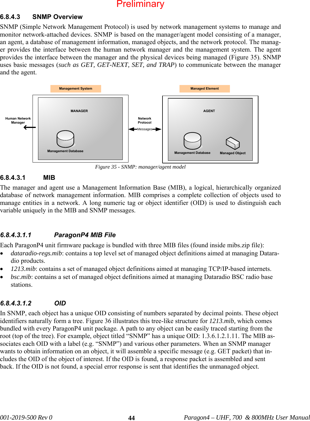 001-2019-500 Rev 0 Paragon4 – UHF, 700 & 800MHz User Manual 446.8.4.3 SNMP Overview SNMP (Simple Network Management Protocol) is used by network management systems to manage and monitor network-attached devices. SNMP is based on the manager/agent model consisting of a manager, an agent, a database of management information, managed objects, and the network protocol. The manag-er provides the interface between the human network manager and the management system. The agent provides the interface between the manager and the physical devices being managed (Figure 35). SNMP uses basic messages (such as GET, GET-NEXT, SET, and TRAP) to communicate between the manager and the agent. Figure 35 - SNMP: manager/agent model 6.8.4.3.1 MIB The manager and agent use a Management Information Base (MIB), a logical, hierarchically organized database of network management information. MIB comprises a complete collection of objects used to manage entities in a network. A long numeric tag or object identifier (OID) is used to distinguish each variable uniquely in the MIB and SNMP messages. 6.8.4.3.1.1 ParagonP4 MIB File Each ParagonP4 unit firmware package is bundled with three MIB files (found inside mibs.zip file): • dataradio-regs.mib: contains a top level set of managed object definitions aimed at managing Datara-dio products. • 1213.mib: contains a set of managed object definitions aimed at managing TCP/IP-based internets. • bsc.mib: contains a set of managed object definitions aimed at managing Dataradio BSC radio base stations. 6.8.4.3.1.2 OID In SNMP, each object has a unique OID consisting of numbers separated by decimal points. These object identifiers naturally form a tree. Figure 36 illustrates this tree-like structure for 1213.mib, which comes bundled with every ParagonP4 unit package. A path to any object can be easily traced starting from the root (top of the tree). For example, object titled “SNMP” has a unique OID: 1.3.6.1.2.1.11. The MIB as-sociates each OID with a label (e.g. “SNMP”) and various other parameters. When an SNMP manager wants to obtain information on an object, it will assemble a specific message (e.g. GET packet) that in-cludes the OID of the object of interest. If the OID is found, a response packet is assembled and sent back. If the OID is not found, a special error response is sent that identifies the unmanaged object. MANAGER AGENTManagement Database Management Database Managed ObjectMessagesNetwork ProtocolManagement System Managed ElementHuman Network ManagerPreliminary