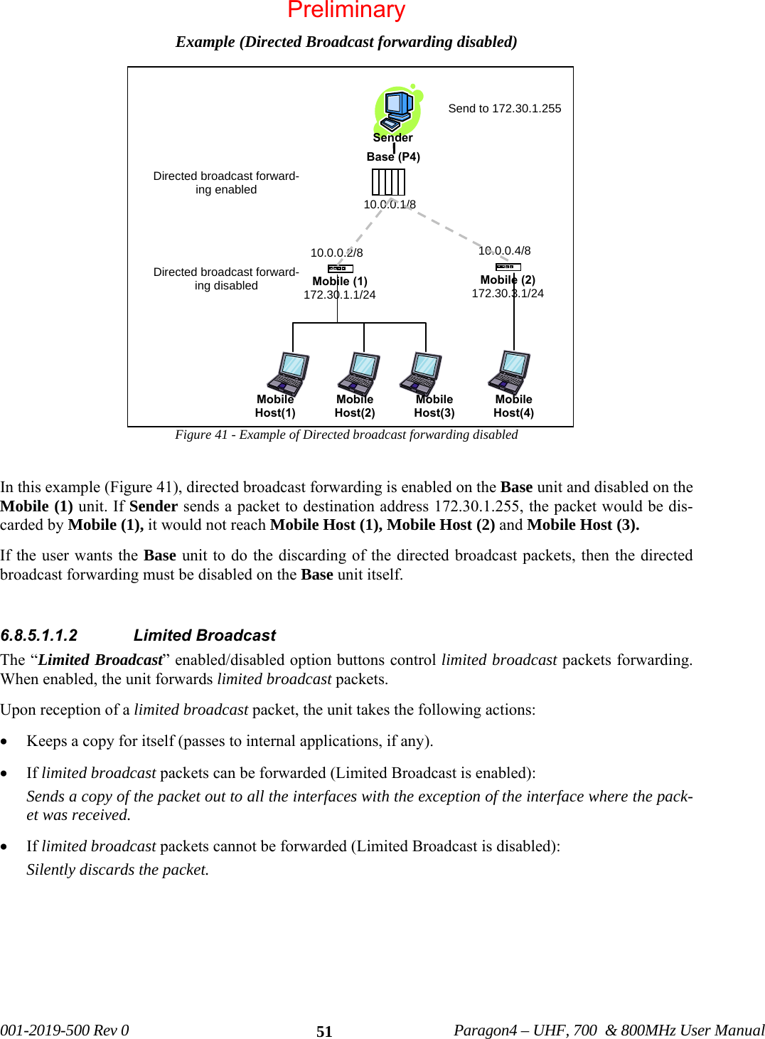 001-2019-500 Rev 0 Paragon4 – UHF, 700 & 800MHz User Manual 51Example (Directed Broadcast forwarding disabled) Figure 41 - Example of Directed broadcast forwarding disabled In this example (Figure 41), directed broadcast forwarding is enabled on the Base unit and disabled on the Mobile (1) unit. If Sender sends a packet to destination address 172.30.1.255, the packet would be dis-carded by Mobile (1), it would not reach Mobile Host (1), Mobile Host (2) and Mobile Host (3). If the user wants the Base unit to do the discarding of the directed broadcast packets, then the directed broadcast forwarding must be disabled on the Base unit itself. 6.8.5.1.1.2 Limited Broadcast The “Limited Broadcast” enabled/disabled option buttons control limited broadcast packets forwarding. When enabled, the unit forwards limited broadcast packets. Upon reception of a limited broadcast packet, the unit takes the following actions: • Keeps a copy for itself (passes to internal applications, if any). • If limited broadcast packets can be forwarded (Limited Broadcast is enabled): Sends a copy of the packet out to all the interfaces with the exception of the interface where the pack-et was received. • If limited broadcast packets cannot be forwarded (Limited Broadcast is disabled): Silently discards the packet. Sender Base (P4)Mobile (1) 172.30.1.1/24Mobile (2) 172.30.3.1/24 10.0.0.1/8 10.0.0.2/8 10.0.0.4/8 Directed broadcast forward-ing enabled Directed broadcast forward-ing disabled Send to 172.30.1.255 Mobile Host(2) Mobile Host(3) Mobile Host(1) Mobile Host(4) Preliminary