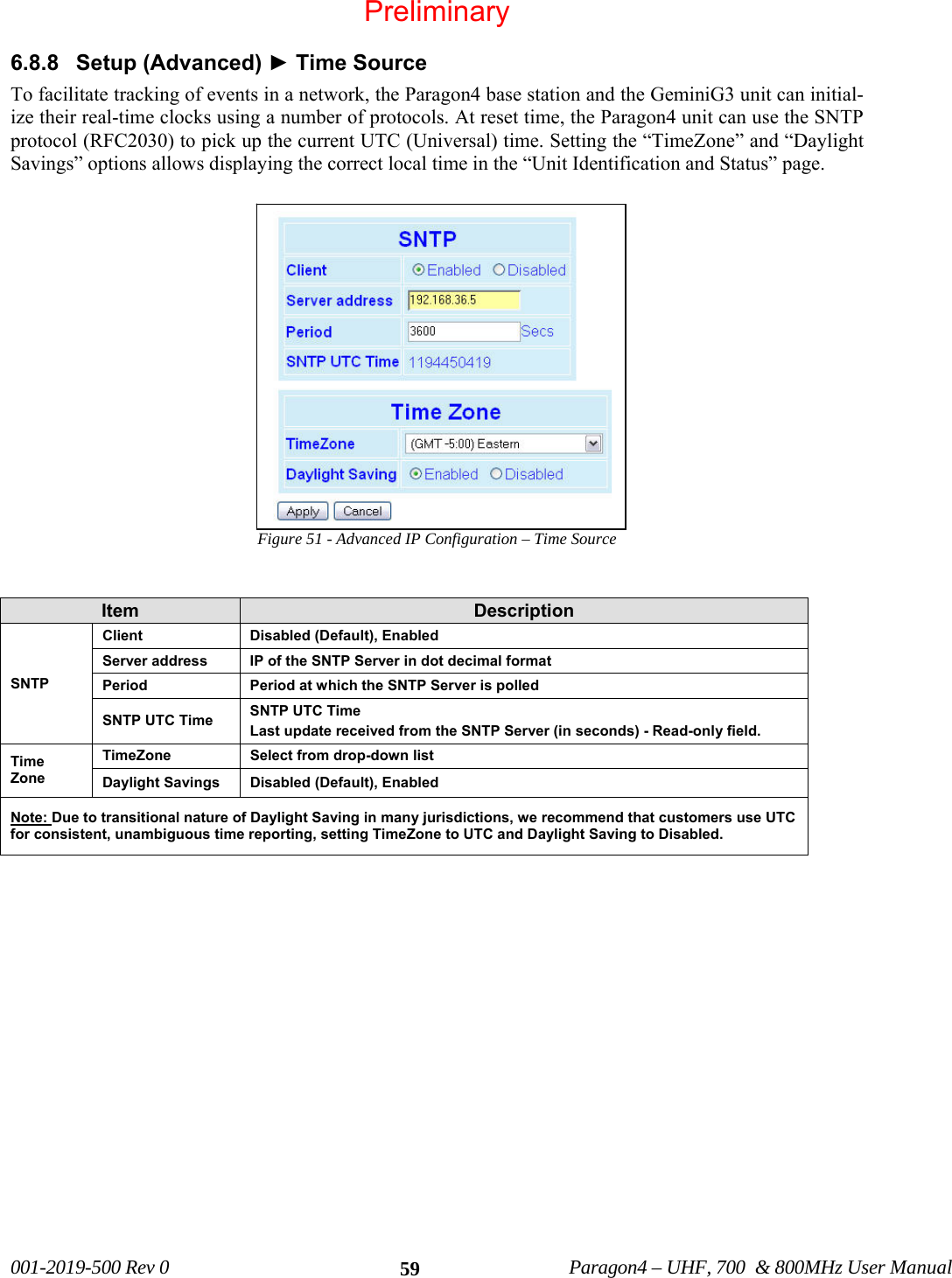 001-2019-500 Rev 0 Paragon4 – UHF, 700 & 800MHz User Manual 596.8.8 Setup (Advanced) ► Time Source To facilitate tracking of events in a network, the Paragon4 base station and the GeminiG3 unit can initial-ize their real-time clocks using a number of protocols. At reset time, the Paragon4 unit can use the SNTP protocol (RFC2030) to pick up the current UTC (Universal) time. Setting the “TimeZone” and “Daylight Savings” options allows displaying the correct local time in the “Unit Identification and Status” page. Figure 51 - Advanced IP Configuration – Time Source Item Description SNTP Client Disabled (Default), Enabled Server address IP of the SNTP Server in dot decimal format Period Period at which the SNTP Server is polled SNTP UTC Time SNTP UTC Time Last update received from the SNTP Server (in seconds) - Read-only field. Time Zone TimeZone Select from drop-down list Daylight Savings Disabled (Default), Enabled Note: Due to transitional nature of Daylight Saving in many jurisdictions, we recommend that customers use UTC for consistent, unambiguous time reporting, setting TimeZone to UTC and Daylight Saving to Disabled. Preliminary