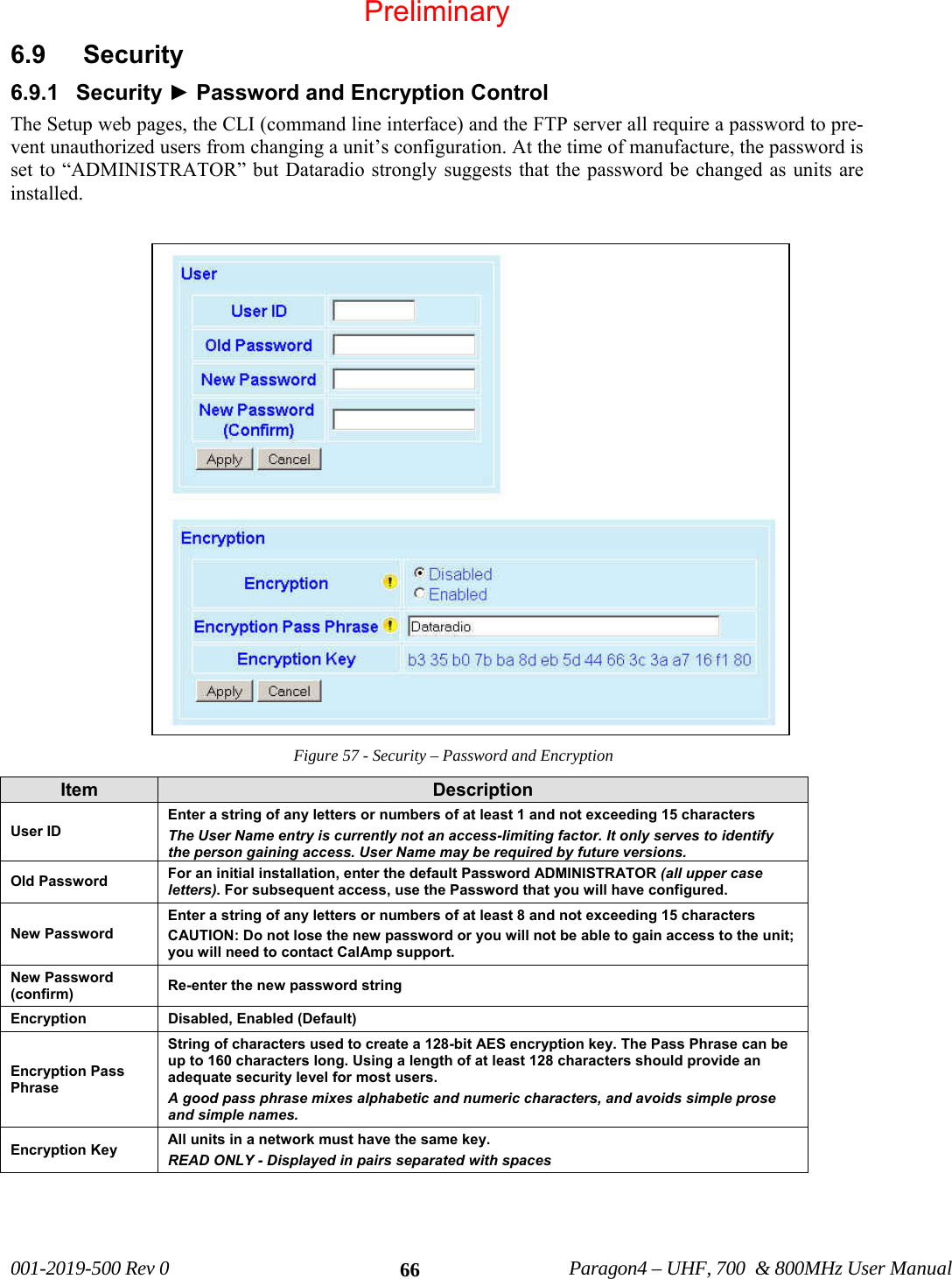 001-2019-500 Rev 0 Paragon4 – UHF, 700 & 800MHz User Manual 666.9 Security 6.9.1 Security ► Password and Encryption Control The Setup web pages, the CLI (command line interface) and the FTP server all require a password to pre-vent unauthorized users from changing a unit’s configuration. At the time of manufacture, the password is set to “ADMINISTRATOR” but Dataradio strongly suggests that the password be changed as units are installed. Figure 57 - Security – Password and Encryption Item Description User ID Enter a string of any letters or numbers of at least 1 and not exceeding 15 characters The User Name entry is currently not an access-limiting factor. It only serves to identify the person gaining access. User Name may be required by future versions. Old Password For an initial installation, enter the default Password ADMINISTRATOR (all upper case letters). For subsequent access, use the Password that you will have configured. New Password Enter a string of any letters or numbers of at least 8 and not exceeding 15 characters CAUTION: Do not lose the new password or you will not be able to gain access to the unit; you will need to contact CalAmp support. New Password (confirm) Re-enter the new password string Encryption Disabled, Enabled (Default) Encryption Pass Phrase String of characters used to create a 128-bit AES encryption key. The Pass Phrase can be up to 160 characters long. Using a length of at least 128 characters should provide an adequate security level for most users. A good pass phrase mixes alphabetic and numeric characters, and avoids simple prose and simple names. Encryption Key All units in a network must have the same key. READ ONLY - Displayed in pairs separated with spaces Preliminary