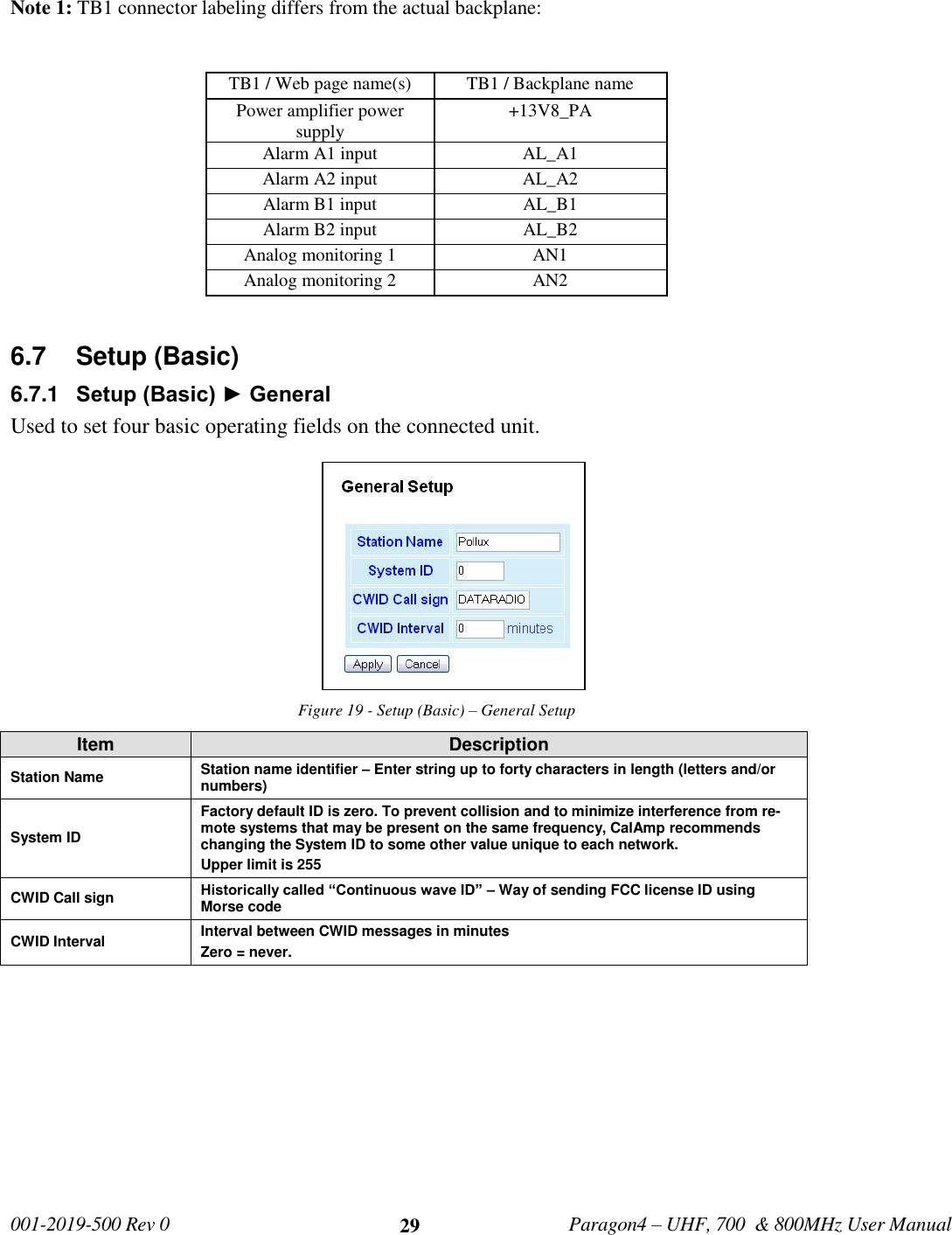   001-2019-500 Rev 0         Paragon4 – UHF, 700  &amp; 800MHz User Manual     29 Note 1: TB1 connector labeling differs from the actual backplane:  TB1 / Web page name(s) TB1 / Backplane name Power amplifier power supply +13V8_PA Alarm A1 input AL_A1 Alarm A2 input AL_A2 Alarm B1 input AL_B1 Alarm B2 input AL_B2 Analog monitoring 1 AN1 Analog monitoring 2 AN2  6.7  Setup (Basic) 6.7.1  Setup (Basic) ► General Used to set four basic operating fields on the connected unit. Figure 19 - Setup (Basic) – General Setup Item Description Station Name Station name identifier – Enter string up to forty characters in length (letters and/or numbers) System ID Factory default ID is zero. To prevent collision and to minimize interference from re-mote systems that may be present on the same frequency, CalAmp recommends changing the System ID to some other value unique to each network.  Upper limit is 255 CWID Call sign Historically called “Continuous wave ID” – Way of sending FCC license ID using Morse code CWID Interval Interval between CWID messages in minutes Zero = never.   