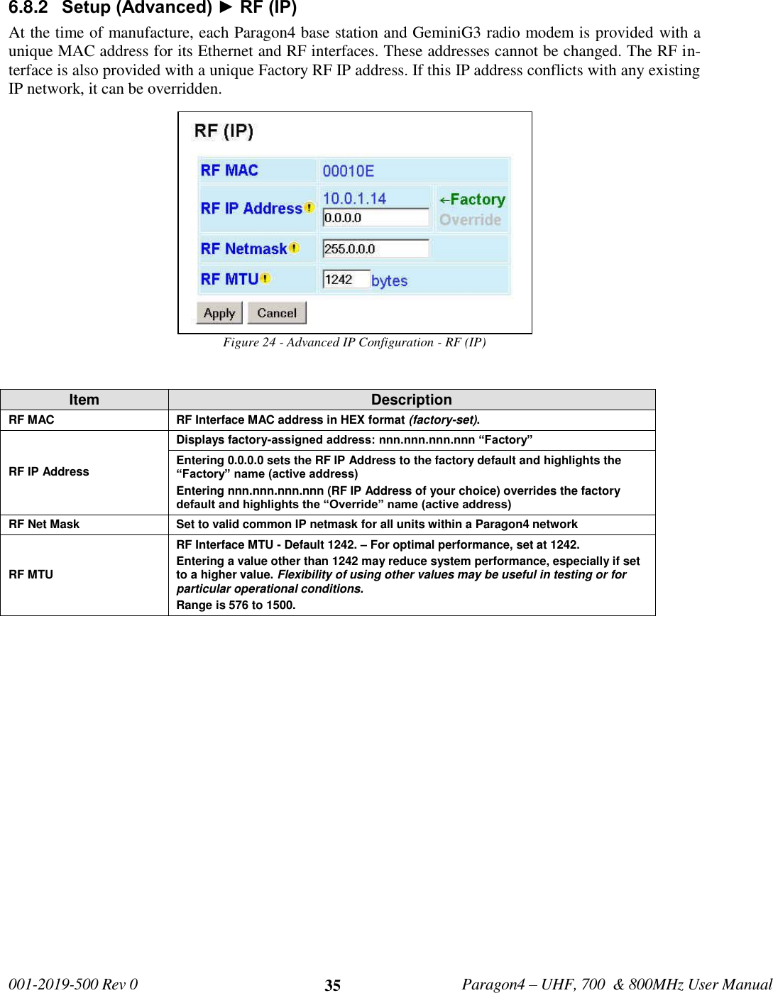   001-2019-500 Rev 0         Paragon4 – UHF, 700  &amp; 800MHz User Manual     35 6.8.2  Setup (Advanced) ► RF (IP) At the time of manufacture, each Paragon4 base station and GeminiG3 radio modem is provided with a unique MAC address for its Ethernet and RF interfaces. These addresses cannot be changed. The RF in-terface is also provided with a unique Factory RF IP address. If this IP address conflicts with any existing IP network, it can be overridden. Figure 24 - Advanced IP Configuration - RF (IP)  Item Description RF MAC RF Interface MAC address in HEX format (factory-set). RF IP Address Displays factory-assigned address: nnn.nnn.nnn.nnn “Factory” Entering 0.0.0.0 sets the RF IP Address to the factory default and highlights the “Factory” name (active address) Entering nnn.nnn.nnn.nnn (RF IP Address of your choice) overrides the factory default and highlights the “Override” name (active address) RF Net Mask Set to valid common IP netmask for all units within a Paragon4 network RF MTU RF Interface MTU - Default 1242. – For optimal performance, set at 1242. Entering a value other than 1242 may reduce system performance, especially if set to a higher value. Flexibility of using other values may be useful in testing or for particular operational conditions.  Range is 576 to 1500.   
