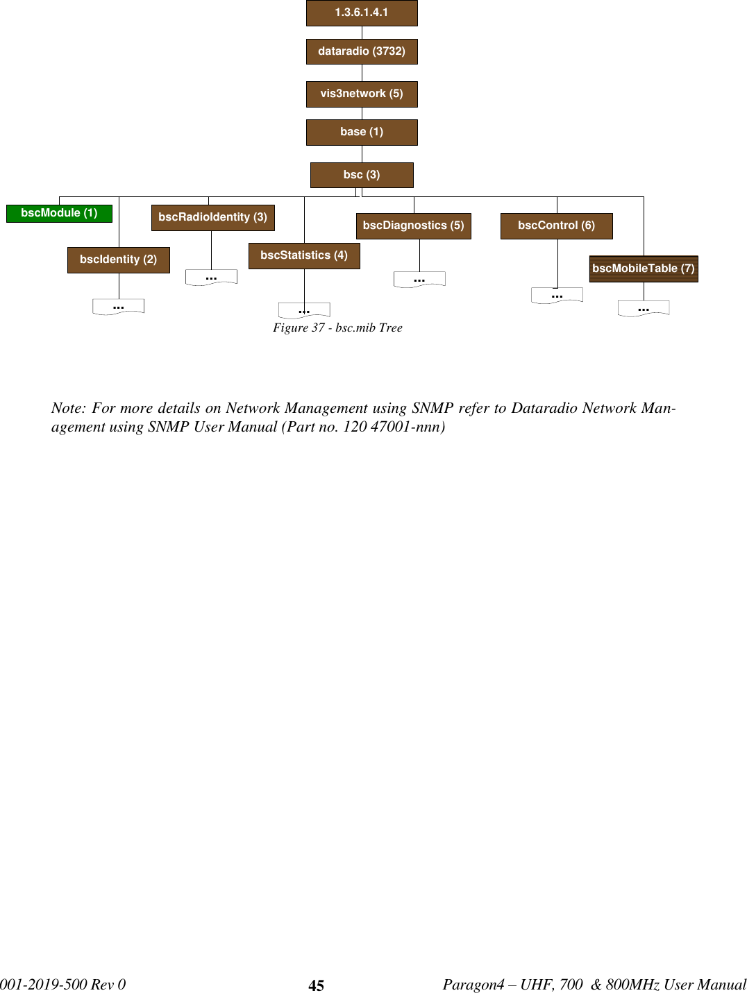   001-2019-500 Rev 0         Paragon4 – UHF, 700  &amp; 800MHz User Manual     45 Figure 37 - bsc.mib Tree   Note: For more details on Network Management using SNMP refer to Dataradio Network Man-agement using SNMP User Manual (Part no. 120 47001-nnn)      bscModule (1)bscIdentity (2)bscRadioIdentity (3) bscDiagnostics (5)bscStatistics (4)bscControl (6)bscMobileTable (7)bsc (3)base (1)............ ......1.3.6.1.4.1dataradio (3732)vis3network (5)