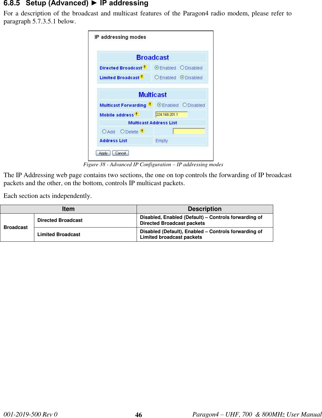   001-2019-500 Rev 0         Paragon4 – UHF, 700  &amp; 800MHz User Manual     46 6.8.5  Setup (Advanced) ► IP addressing   For a description of the broadcast and multicast features of the Paragon4 radio modem, please refer to paragraph 5.7.3.5.1 below. Figure 38 - Advanced IP Configuration – IP addressing modes The IP Addressing web page contains two sections, the one on top controls the forwarding of IP broadcast packets and the other, on the bottom, controls IP multicast packets.  Each section acts independently.  Item Description Broadcast Directed Broadcast Disabled, Enabled (Default) – Controls forwarding of Directed Broadcast packets Limited Broadcast  Disabled (Default), Enabled – Controls forwarding of Limited broadcast packets    