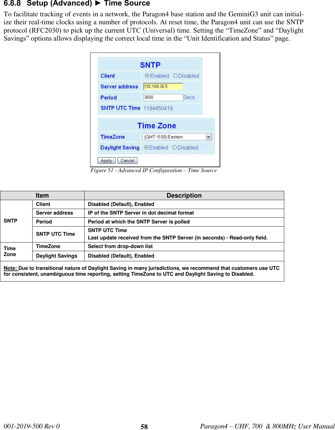   001-2019-500 Rev 0         Paragon4 – UHF, 700  &amp; 800MHz User Manual     58 6.8.8  Setup (Advanced) ► Time Source To facilitate tracking of events in a network, the Paragon4 base station and the GeminiG3 unit can initial-ize their real-time clocks using a number of protocols. At reset time, the Paragon4 unit can use the SNTP protocol (RFC2030) to pick up the current UTC (Universal) time. Setting the “TimeZone” and “Daylight Savings” options allows displaying the correct local time in the “Unit Identification and Status” page. Figure 51 - Advanced IP Configuration – Time Source  Item Description SNTP Client Disabled (Default), Enabled Server address IP of the SNTP Server in dot decimal format Period Period at which the SNTP Server is polled SNTP UTC Time SNTP UTC Time  Last update received from the SNTP Server (in seconds) - Read-only field. Time Zone TimeZone Select from drop-down list Daylight Savings Disabled (Default), Enabled Note: Due to transitional nature of Daylight Saving in many jurisdictions, we recommend that customers use UTC for consistent, unambiguous time reporting, setting TimeZone to UTC and Daylight Saving to Disabled.  