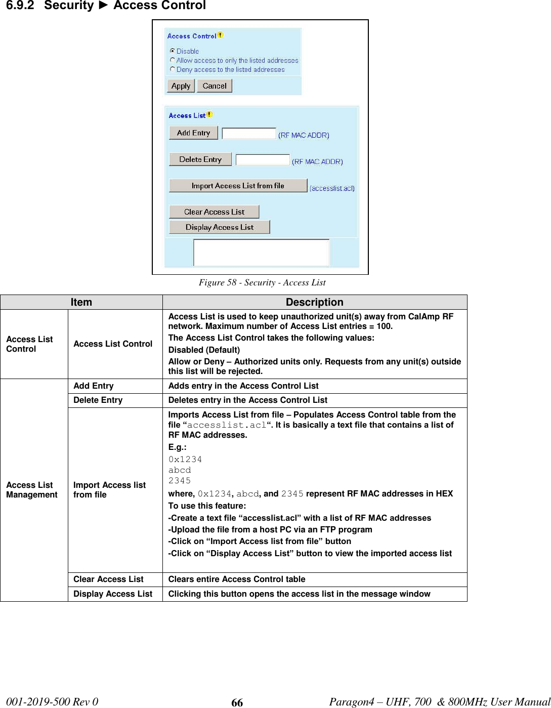   001-2019-500 Rev 0         Paragon4 – UHF, 700  &amp; 800MHz User Manual     66 6.9.2  Security ► Access Control Figure 58 - Security - Access List Item Description Access List Control Access List Control Access List is used to keep unauthorized unit(s) away from CalAmp RF network. Maximum number of Access List entries = 100. The Access List Control takes the following values: Disabled (Default) Allow or Deny – Authorized units only. Requests from any unit(s) outside this list will be rejected. Access List Management Add Entry Adds entry in the Access Control List Delete Entry Deletes entry in the Access Control List Import Access list from file Imports Access List from file – Populates Access Control table from the file “accesslist.acl“. It is basically a text file that contains a list of RF MAC addresses. E.g.:  0x1234 abcd 2345 where, 0x1234, abcd, and 2345 represent RF MAC addresses in HEX To use this feature:  -Create a text file “accesslist.acl” with a list of RF MAC addresses -Upload the file from a host PC via an FTP program -Click on “Import Access list from file” button -Click on “Display Access List” button to view the imported access list  Clear Access List Clears entire Access Control table Display Access List Clicking this button opens the access list in the message window     