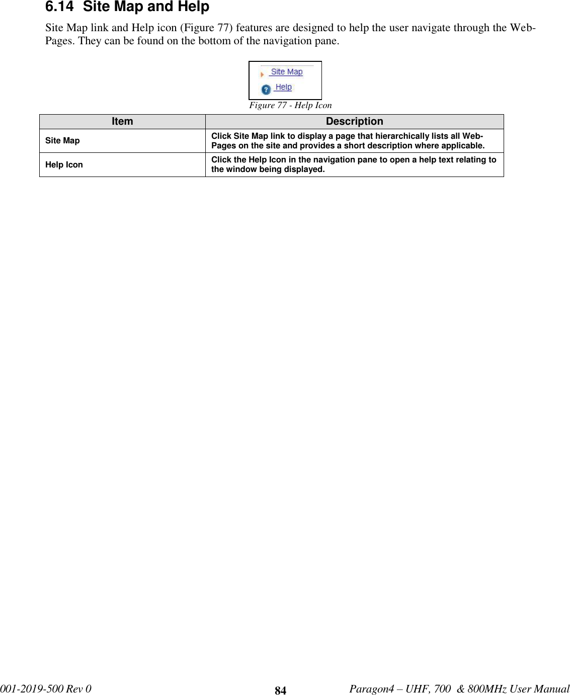              001-2019-500 Rev 0   Paragon4 – UHF, 700  &amp; 800MHz User Manual     84 6.14  Site Map and Help Site Map link and Help icon (Figure 77) features are designed to help the user navigate through the Web-Pages. They can be found on the bottom of the navigation pane. Figure 77 - Help Icon Item Description Site Map Click Site Map link to display a page that hierarchically lists all Web-Pages on the site and provides a short description where applicable. Help Icon Click the Help Icon in the navigation pane to open a help text relating to the window being displayed.    