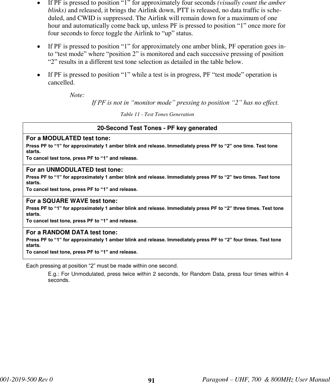             001-2019-500 Rev 0   Paragon4 – UHF, 700  &amp; 800MHz User Manual     91  If PF is pressed to position “1” for approximately four seconds (visually count the amber blinks) and released, it brings the Airlink down, PTT is released, no data traffic is sche-duled, and CWID is suppressed. The Airlink will remain down for a maximum of one hour and automatically come back up, unless PF is pressed to position “1” once more for four seconds to force toggle the Airlink to “up” status.   If PF is pressed to position “1” for approximately one amber blink, PF operation goes in-to “test mode” where “position 2” is monitored and each successive pressing of position “2” results in a different test tone selection as detailed in the table below.   If PF is pressed to position “1” while a test is in progress, PF “test mode” operation is cancelled. Note:  If PF is not in “monitor mode” pressing to position “2” has no effect. Table 11 - Test Tones Generation 20-Second Test Tones - PF key generated  For a MODULATED test tone: Press PF to “1” for approximately 1 amber blink and release. Immediately press PF to “2” one time. Test tone starts. To cancel test tone, press PF to “1” and release. For an UNMODULATED test tone: Press PF to “1” for approximately 1 amber blink and release. Immediately press PF to “2” two times. Test tone starts. To cancel test tone, press PF to “1” and release. For a SQUARE WAVE test tone: Press PF to “1” for approximately 1 amber blink and release. Immediately press PF to “2” three times. Test tone starts. To cancel test tone, press PF to “1” and release. For a RANDOM DATA test tone: Press PF to “1” for approximately 1 amber blink and release. Immediately press PF to “2” four times. Test tone starts. To cancel test tone, press PF to “1” and release. Each pressing at position “2” must be made within one second. E.g.: For Unmodulated, press twice within 2 seconds, for Random Data, press four times within 4 seconds.  