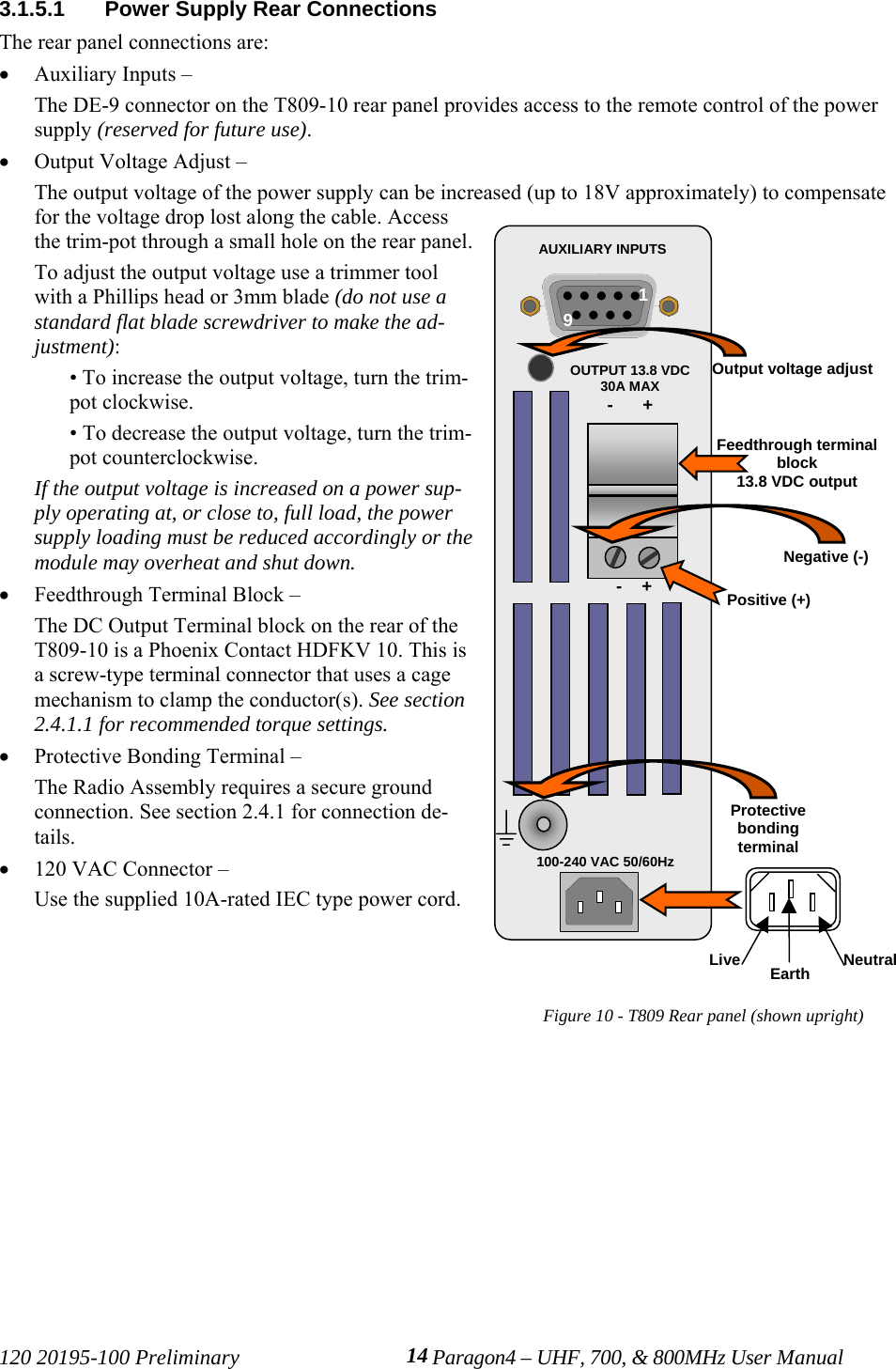 120 20195-100 Preliminary Paragon4 – UHF, 700, &amp; 800MHz User Manual143.1.5.1  Power Supply Rear ConnectionsThe rear panel connections are:• Auxiliary Inputs – The DE-9 connector on the T809-10 rear panel provides access to the remote control of the powersupply (reserved for future use).• Output Voltage Adjust – The output voltage of the power supply can be increased (up to 18V approximately) to compensatefor the voltage drop lost along the cable. Accessthe trim-pot through a small hole on the rear panel.To adjust the output voltage use a trimmer toolwith a Phillips head or 3mm blade (do not use astandard flat blade screwdriver to make the ad-justment):• To increase the output voltage, turn the trim-pot clockwise.• To decrease the output voltage, turn the trim-pot counterclockwise.If the output voltage is increased on a power sup-ply operating at, or close to, full load, the powersupply loading must be reduced accordingly or themodule may overheat and shut down.• Feedthrough Terminal Block – The DC Output Terminal block on the rear of theT809-10 is a Phoenix Contact HDFKV 10. This isa screw-type terminal connector that uses a cagemechanism to clamp the conductor(s). See section2.4.1.1 for recommended torque settings.• Protective Bonding Terminal – The Radio Assembly requires a secure groundconnection. See section 2.4.1 for connection de-tails.• 120 VAC Connector – Use the supplied 10A-rated IEC type power cord.Figure 10 - T809 Rear panel (shown upright)AUXILIARY INPUTSOUTPUT 13.8 VDC30A MAX-      +-    +100-240 VAC 50/60Hz19Output voltage adjustFeedthrough terminalblock13.8 VDC outputNegative (-)Positive (+)ProtectivebondingterminalNeutralLive Earth