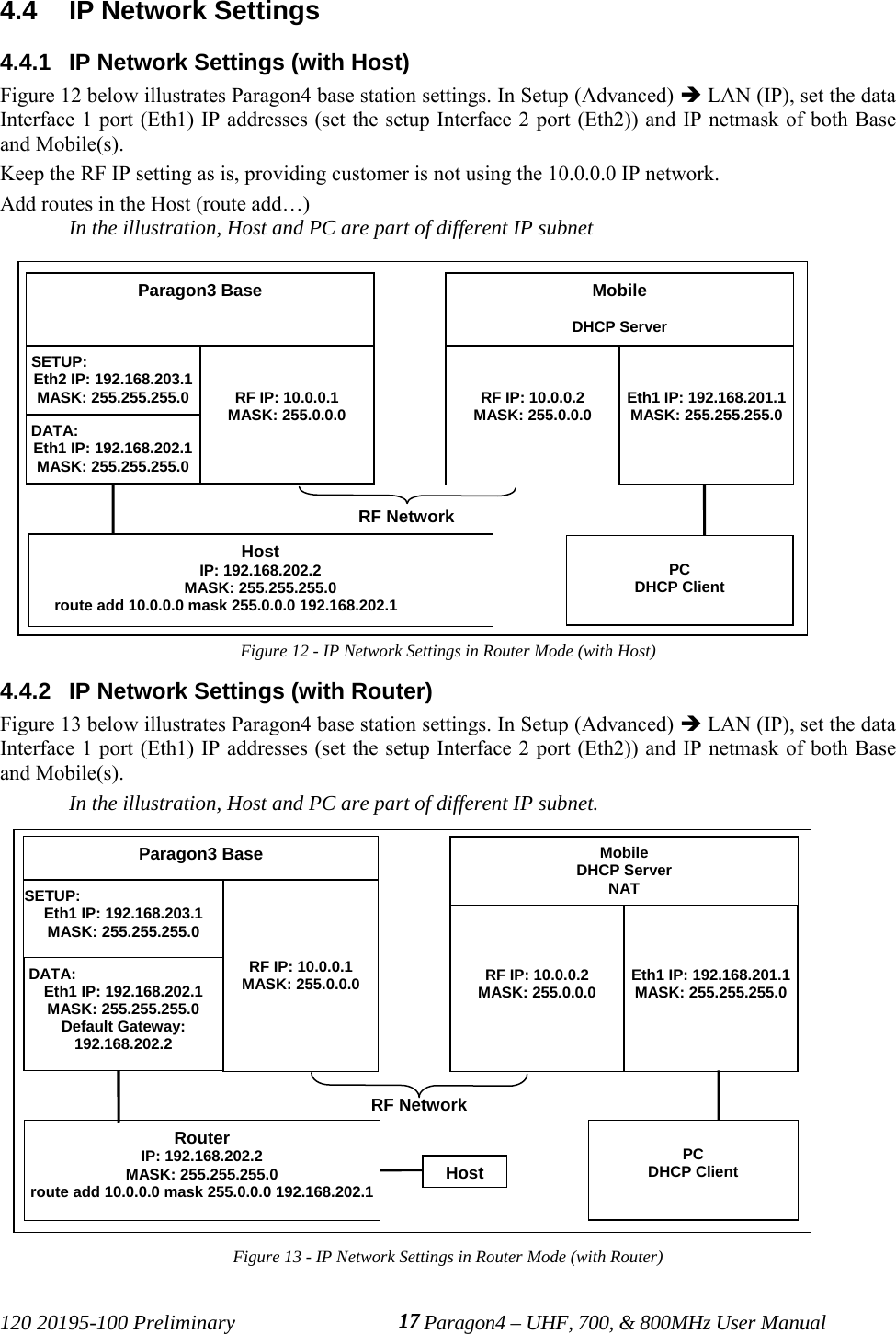 120 20195-100 Preliminary Paragon4 – UHF, 700, &amp; 800MHz User Manual174.4  IP Network Settings4.4.1  IP Network Settings (with Host)Figure 12 below illustrates Paragon4 base station settings. In Setup (Advanced) Î LAN (IP), set the dataInterface 1 port (Eth1) IP addresses (set the setup Interface 2 port (Eth2)) and IP netmask of both Baseand Mobile(s).Keep the RF IP setting as is, providing customer is not using the 10.0.0.0 IP network.Add routes in the Host (route add…)In the illustration, Host and PC are part of different IP subnetFigure 12 - IP Network Settings in Router Mode (with Host)4.4.2  IP Network Settings (with Router)Figure 13 below illustrates Paragon4 base station settings. In Setup (Advanced) Î LAN (IP), set the dataInterface 1 port (Eth1) IP addresses (set the setup Interface 2 port (Eth2)) and IP netmask of both Baseand Mobile(s).In the illustration, Host and PC are part of different IP subnet.Figure 13 - IP Network Settings in Router Mode (with Router)Paragon3 Base SETUP:Eth2 IP: 192.168.203.1MASK: 255.255.255.0 RF IP: 10.0.0.1MASK: 255.0.0.0MobileDHCP ServerRF IP: 10.0.0.2MASK: 255.0.0.0 Eth1 IP: 192.168.201.1MASK: 255.255.255.0RF NetworkHostIP: 192.168.202.2MASK: 255.255.255.0      route add 10.0.0.0 mask 255.0.0.0 192.168.202.1PCDHCP Client DATA:Eth1 IP: 192.168.202.1MASK: 255.255.255.0Paragon3 BaseSETUP:Eth1 IP: 192.168.203.1MASK: 255.255.255.0RF IP: 10.0.0.1MASK: 255.0.0.0MobileDHCP ServerNATRF IP: 10.0.0.2MASK: 255.0.0.0 Eth1 IP: 192.168.201.1MASK: 255.255.255.0RF NetworkRouterIP: 192.168.202.2MASK: 255.255.255.0route add 10.0.0.0 mask 255.0.0.0 192.168.202.1PCDHCP Client DATA:Eth1 IP: 192.168.202.1MASK: 255.255.255.0Default Gateway:192.168.202.2Host