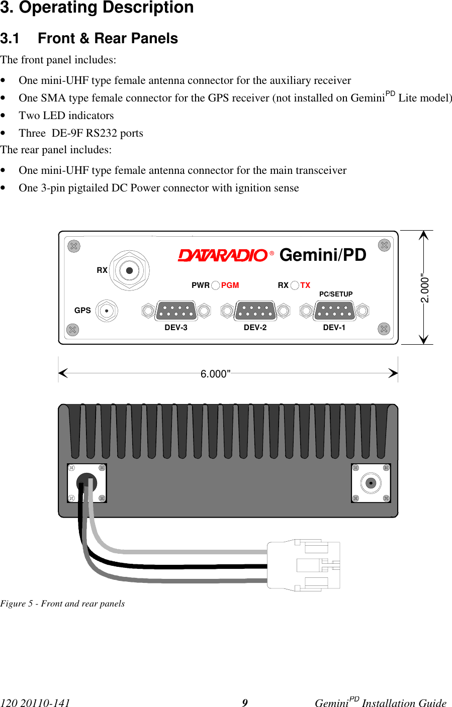 120 20110-141 GeminiPD Installation Guide93. Operating Description3.1  Front &amp; Rear PanelsThe front panel includes:• One mini-UHF type female antenna connector for the auxiliary receiver• One SMA type female connector for the GPS receiver (not installed on GeminiPD Lite model)• Two LED indicators• Three  DE-9F RS232 portsThe rear panel includes:• One mini-UHF type female antenna connector for the main transceiver• One 3-pin pigtailed DC Power connector with ignition senseFigure 5 - Front and rear panels®RX TXPWR PGM PC/SETUPDEV-1DEV-2DEV-3RXGPSGemini/PD6.000&quot;2.000&quot;