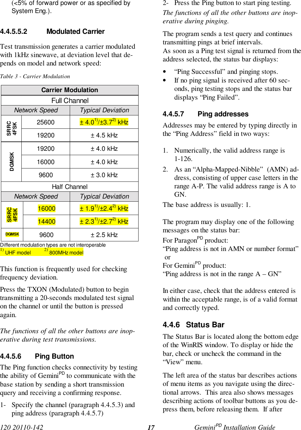 120 20110-142 GeminiPD Installation Guide17(<5% of forward power or as specified bySystem Eng.).4.4.5.5.2 Modulated CarrierTest transmission generates a carrier modulatedwith 1kHz sinewave, at deviation level that de-pends on model and network speed:Table 3 - Carrier ModulationCarrier ModulationFull ChannelNetwork Speed Typical Deviation25600 ± 4.01)/±3.72) kHzSRRC4FSK19200 ± 4.5 kHz19200 ± 4.0 kHz16000 ± 4.0 kHzDGMSK9600 ± 3.0 kHzHalf ChannelNetwork Speed Typical Deviation16000 ± 1.91)/±2.42) kHzSRRC4FSK14400 ± 2.31)/±2.72) kHzDGMSK 9600 ± 2.5 kHzDifferent modulation types are not interoperable1) UHF model 2) 800MHz modelThis function is frequently used for checkingfrequency deviation.Press the TXON (Modulated) button to begintransmitting a 20-seconds modulated test signalon the channel or until the button is pressedagain.The functions of all the other buttons are inop-erative during test transmissions.4.4.5.6 Ping ButtonThe Ping function checks connectivity by testingthe ability of GeminiPD to communicate with thebase station by sending a short transmissionquery and receiving a confirming response.1- Specify the channel (paragraph 4.4.5.3) andping address (paragraph 4.4.5.7)2- Press the Ping button to start ping testing.The functions of all the other buttons are inop-erative during pinging.The program sends a test query and continuestransmitting pings at brief intervals.As soon as a Ping test signal is returned from theaddress selected, the status bar displays:• “Ping Successful” and pinging stops.• If no ping signal is received after 60 sec-onds, ping testing stops and the status bardisplays “Ping Failed”.4.4.5.7 Ping addressesAddresses may be entered by typing directly inthe “Ping Address” field in two ways:1. Numerically, the valid address range is1-126.2. As an “Alpha-Mapped-Nibble” (AMN) ad-dress, consisting of upper case letters in therange A-P. The valid address range is A toGN.The base address is usually: 1.The program may display one of the followingmessages on the status bar:For ParagonPD product:“Ping address is not in AMN or number format” orFor GeminiPD product:“Ping address is not in the range A – GN”In either case, check that the address entered iswithin the acceptable range, is of a valid formatand correctly typed.4.4.6 Status BarThe Status Bar is located along the bottom edgeof the WinRIS window. To display or hide thebar, check or uncheck the command in the“View” menu.The left area of the status bar describes actionsof menu items as you navigate using the direc-tional arrows. This area also shows messagesdescribing actions of toolbar buttons as you de-press them, before releasing them. If after