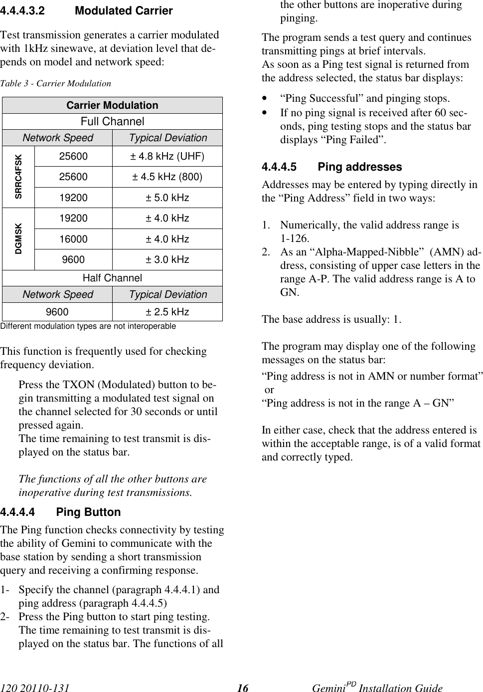 120 20110-131 GeminiPD Installation Guide164.4.4.3.2 Modulated CarrierTest transmission generates a carrier modulatedwith 1kHz sinewave, at deviation level that de-pends on model and network speed:Table 3 - Carrier ModulationCarrier ModulationFull ChannelNetwork Speed Typical Deviation25600 ± 4.8 kHz (UHF)25600 ± 4.5 kHz (800)SRRC4FSK19200 ± 5.0 kHz19200 ± 4.0 kHz16000 ± 4.0 kHzDGMSK9600 ± 3.0 kHzHalf ChannelNetwork Speed Typical Deviation9600 ± 2.5 kHzDifferent modulation types are not interoperableThis function is frequently used for checkingfrequency deviation.Press the TXON (Modulated) button to be-gin transmitting a modulated test signal onthe channel selected for 30 seconds or untilpressed again.The time remaining to test transmit is dis-played on the status bar.The functions of all the other buttons areinoperative during test transmissions.4.4.4.4 Ping ButtonThe Ping function checks connectivity by testingthe ability of Gemini to communicate with thebase station by sending a short transmissionquery and receiving a confirming response.1- Specify the channel (paragraph 4.4.4.1) andping address (paragraph 4.4.4.5)2- Press the Ping button to start ping testing.The time remaining to test transmit is dis-played on the status bar. The functions of allthe other buttons are inoperative duringpinging.The program sends a test query and continuestransmitting pings at brief intervals.As soon as a Ping test signal is returned fromthe address selected, the status bar displays:• “Ping Successful” and pinging stops.• If no ping signal is received after 60 sec-onds, ping testing stops and the status bardisplays “Ping Failed”.4.4.4.5 Ping addressesAddresses may be entered by typing directly inthe “Ping Address” field in two ways:1. Numerically, the valid address range is1-126.2. As an “Alpha-Mapped-Nibble”  (AMN) ad-dress, consisting of upper case letters in therange A-P. The valid address range is A toGN.The base address is usually: 1.The program may display one of the followingmessages on the status bar:“Ping address is not in AMN or number format” or“Ping address is not in the range A – GN”In either case, check that the address entered iswithin the acceptable range, is of a valid formatand correctly typed.