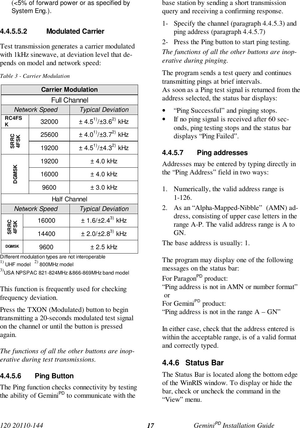 120 20110-144 GeminiPD Installation Guide17(&lt;5% of forward power or as specified bySystem Eng.).4.4.5.5.2 Modulated CarrierTest transmission generates a carrier modulatedwith 1kHz sinewave, at deviation level that de-pends on model and network speed:Table 3 - Carrier ModulationCarrier ModulationFull ChannelNetwork Speed Typical DeviationRC4FSK32000 ± 4.51)/±3.62) kHz25600 ± 4.01)/±3.72) kHzSRRC4FSK19200 ± 4.51)/±4.32) kHz19200 ± 4.0 kHz16000 ± 4.0 kHzDGMSK9600 ± 3.0 kHzHalf ChannelNetwork Speed Typical Deviation16000 ± 1.6/±2.43) kHzSRRC4FSK14400 ± 2.0/±2.83) kHzDGMSK 9600 ± 2.5 kHzDifferent modulation types are not interoperable1) UHF model   2) 800MHz model3)USA NPSPAC 821-824MHz &amp;866-869MHz band modelThis function is frequently used for checkingfrequency deviation.Press the TXON (Modulated) button to begintransmitting a 20-seconds modulated test signalon the channel or until the button is pressedagain.The functions of all the other buttons are inop-erative during test transmissions.4.4.5.6 Ping ButtonThe Ping function checks connectivity by testingthe ability of GeminiPD to communicate with thebase station by sending a short transmissionquery and receiving a confirming response.1- Specify the channel (paragraph 4.4.5.3) andping address (paragraph 4.4.5.7)2- Press the Ping button to start ping testing.The functions of all the other buttons are inop-erative during pinging.The program sends a test query and continuestransmitting pings at brief intervals.As soon as a Ping test signal is returned from theaddress selected, the status bar displays:• “Ping Successful” and pinging stops.• If no ping signal is received after 60 sec-onds, ping testing stops and the status bardisplays “Ping Failed”.4.4.5.7 Ping addressesAddresses may be entered by typing directly inthe “Ping Address” field in two ways:1. Numerically, the valid address range is1-126.2. As an “Alpha-Mapped-Nibble”  (AMN) ad-dress, consisting of upper case letters in therange A-P. The valid address range is A toGN.The base address is usually: 1.The program may display one of the followingmessages on the status bar:For ParagonPD product:“Ping address is not in AMN or number format” orFor GeminiPD product:“Ping address is not in the range A – GN”In either case, check that the address entered iswithin the acceptable range, is of a valid formatand correctly typed.4.4.6 Status BarThe Status Bar is located along the bottom edgeof the WinRIS window. To display or hide thebar, check or uncheck the command in the“View” menu.