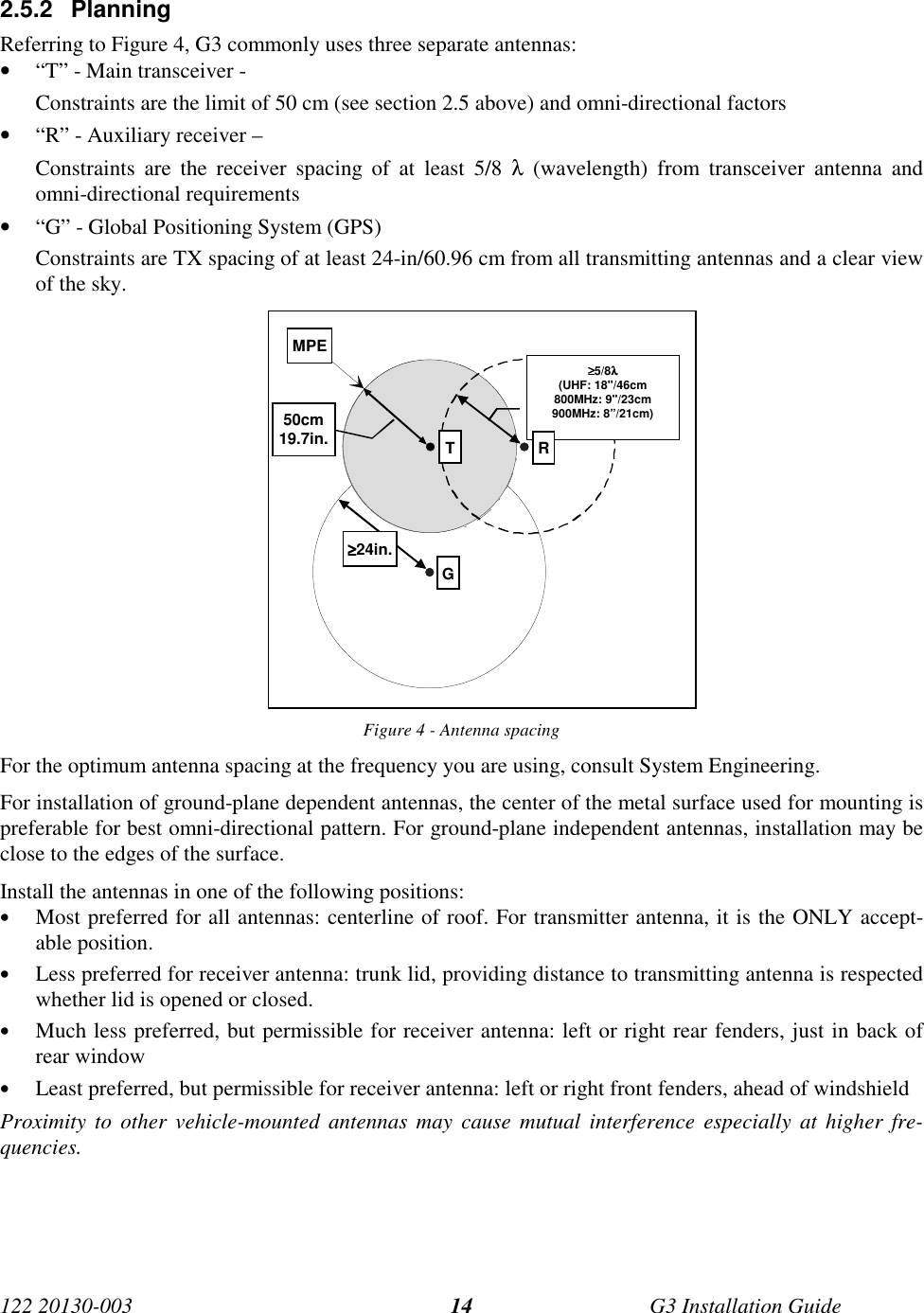 122 20130-003 G3 Installation Guide142.5.2 PlanningReferring to Figure 4, G3 commonly uses three separate antennas:• “T” - Main transceiver -Constraints are the limit of 50 cm (see section 2.5 above) and omni-directional factors• “R” - Auxiliary receiver –Constraints are the receiver spacing of at least 5/8 λ (wavelength) from transceiver antenna andomni-directional requirements• “G” - Global Positioning System (GPS)Constraints are TX spacing of at least 24-in/60.96 cm from all transmitting antennas and a clear viewof the sky.Figure 4 - Antenna spacingFor the optimum antenna spacing at the frequency you are using, consult System Engineering.For installation of ground-plane dependent antennas, the center of the metal surface used for mounting ispreferable for best omni-directional pattern. For ground-plane independent antennas, installation may beclose to the edges of the surface.Install the antennas in one of the following positions:• Most preferred for all antennas: centerline of roof. For transmitter antenna, it is the ONLY accept-able position.• Less preferred for receiver antenna: trunk lid, providing distance to transmitting antenna is respectedwhether lid is opened or closed.• Much less preferred, but permissible for receiver antenna: left or right rear fenders, just in back ofrear window• Least preferred, but permissible for receiver antenna: left or right front fenders, ahead of windshieldProximity to other vehicle-mounted antennas may cause mutual interference especially at higher fre-quencies.GMPE≥≥≥≥5/8λλλλ(UHF: 18&quot;/46cm800MHz: 9&quot;/23cm900MHz: 8”/21cm)RT50cm19.7in.≥≥≥≥24in.