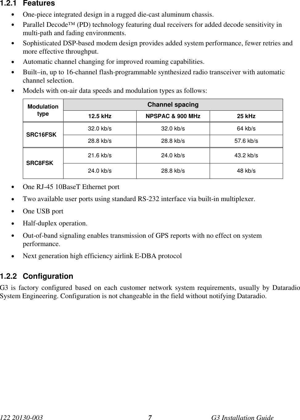122 20130-003 G3 Installation Guide71.2.1 Features• One-piece integrated design in a rugged die-cast aluminum chassis.• Parallel Decode™ (PD) technology featuring dual receivers for added decode sensitivity inmulti-path and fading environments.• Sophisticated DSP-based modem design provides added system performance, fewer retries andmore effective throughput.• Automatic channel changing for improved roaming capabilities.• Built–in, up to 16-channel flash-programmable synthesized radio transceiver with automaticchannel selection.• Models with on-air data speeds and modulation types as follows:Channel spacingModulationtype 12.5 kHz NPSPAC &amp; 900 MHz 25 kHz32.0 kb/s 32.0 kb/s 64 kb/sSRC16FSK 28.8 kb/s 28.8 kb/s 57.6 kb/s21.6 kb/s 24.0 kb/s 43.2 kb/sSRC8FSK24.0 kb/s 28.8 kb/s 48 kb/s• One RJ-45 10BaseT Ethernet port• Two available user ports using standard RS-232 interface via built-in multiplexer.• One USB port• Half-duplex operation.• Out-of-band signaling enables transmission of GPS reports with no effect on systemperformance.• Next generation high efficiency airlink E-DBA protocol1.2.2 ConfigurationG3 is factory configured based on each customer network system requirements, usually by DataradioSystem Engineering. Configuration is not changeable in the field without notifying Dataradio.